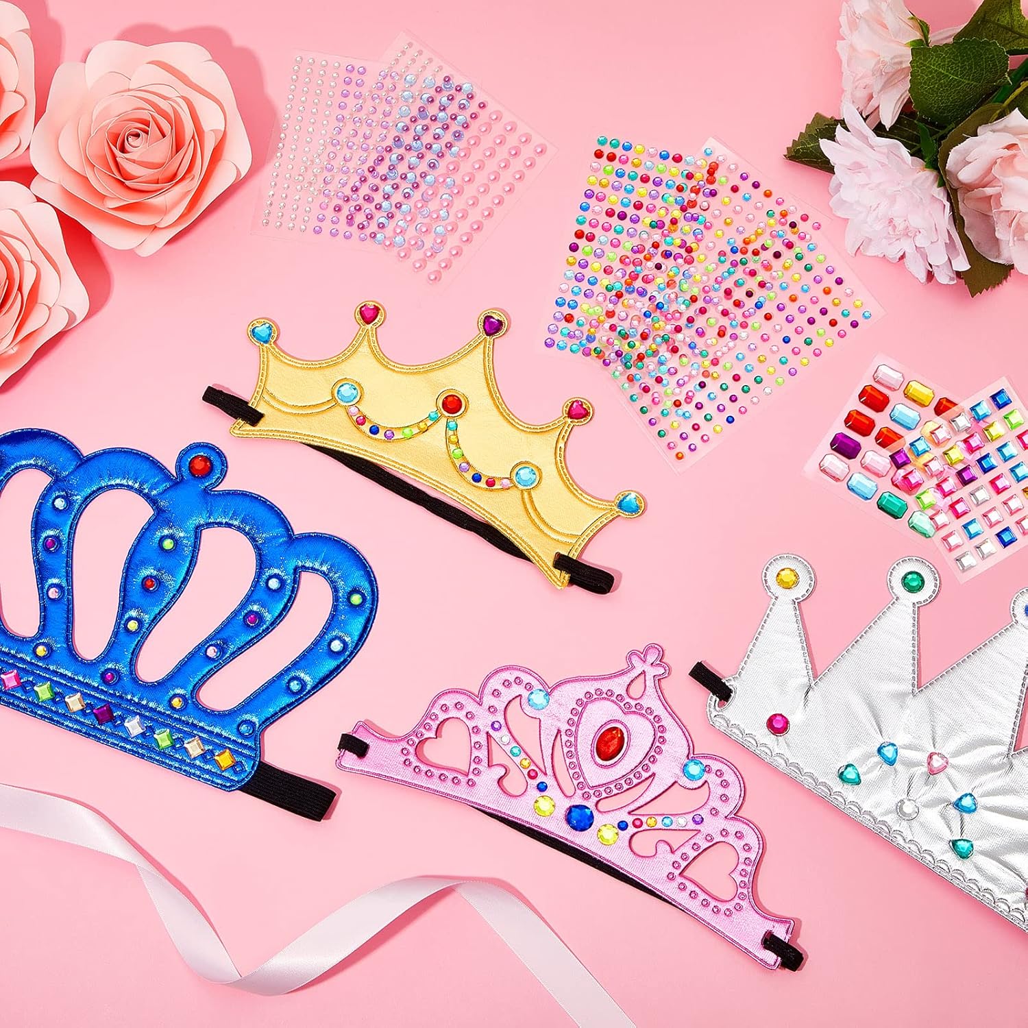 Epakh Juego de 27 coronas de fiesta de princesa, 16 piezas de coronas de princesa con 11 calcomanías de diamante, suministros de fiesta de princesa
