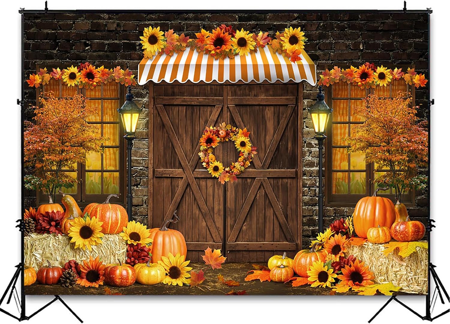 Avezano Telón de fondo de otoño para fotografía, girasoles de otoño, calabazas, cosecha, Acción de Gracias, fondo de foto rústico, puerta de