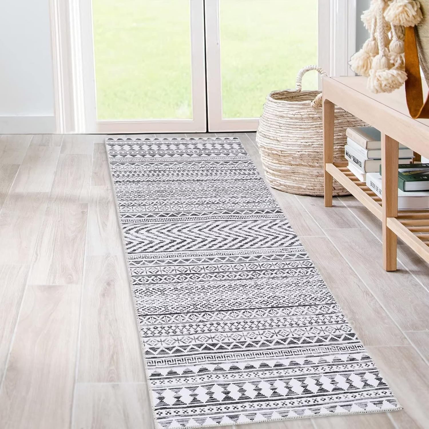 Alfombra lavable de 2 x 10 pies, estilo vintage, bohemio, geométrico, para pasillo, alfombra marroquí envejecida, alfombra de pasillo de pelo bajo,