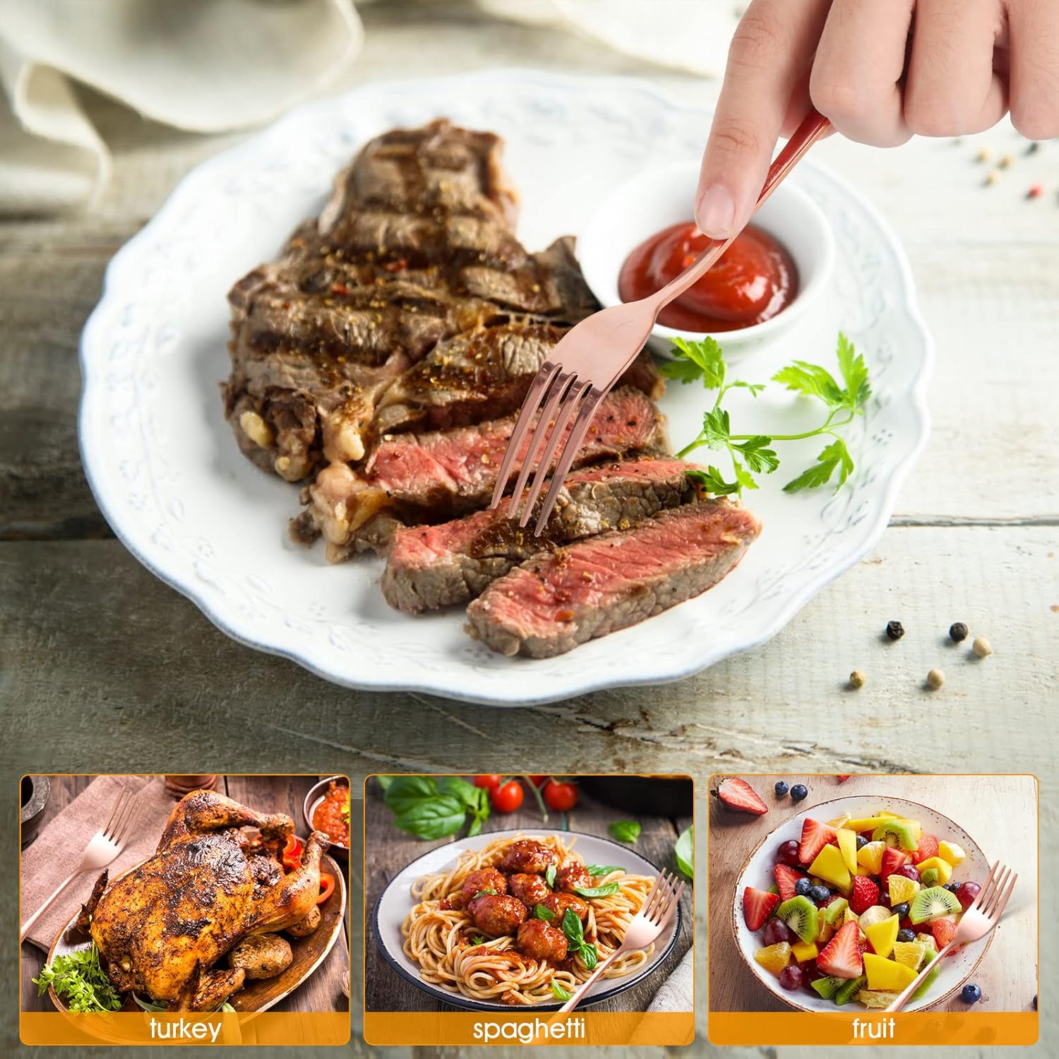 Tenedores de cena de oro rosa, solo tenedores de cubiertos de acero inoxidable, tenedores de cocina para el hogar, juego de tenedores modernos de 16