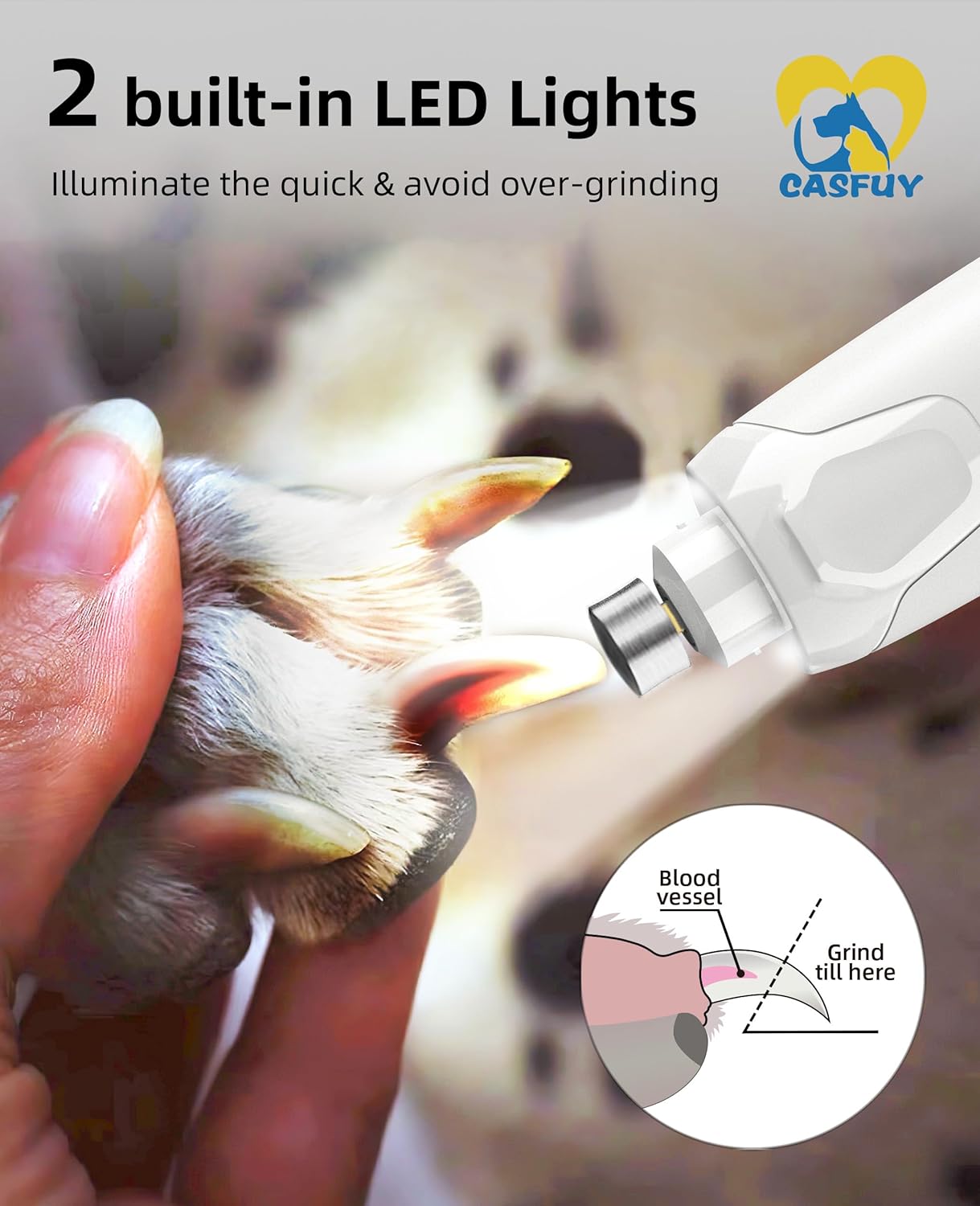 Casfuy Molinillo de uñas para perros silencioso, (45 db) de 6 velocidades con 2 luces LED para perros y gatos grandes, medianos y pequeños,