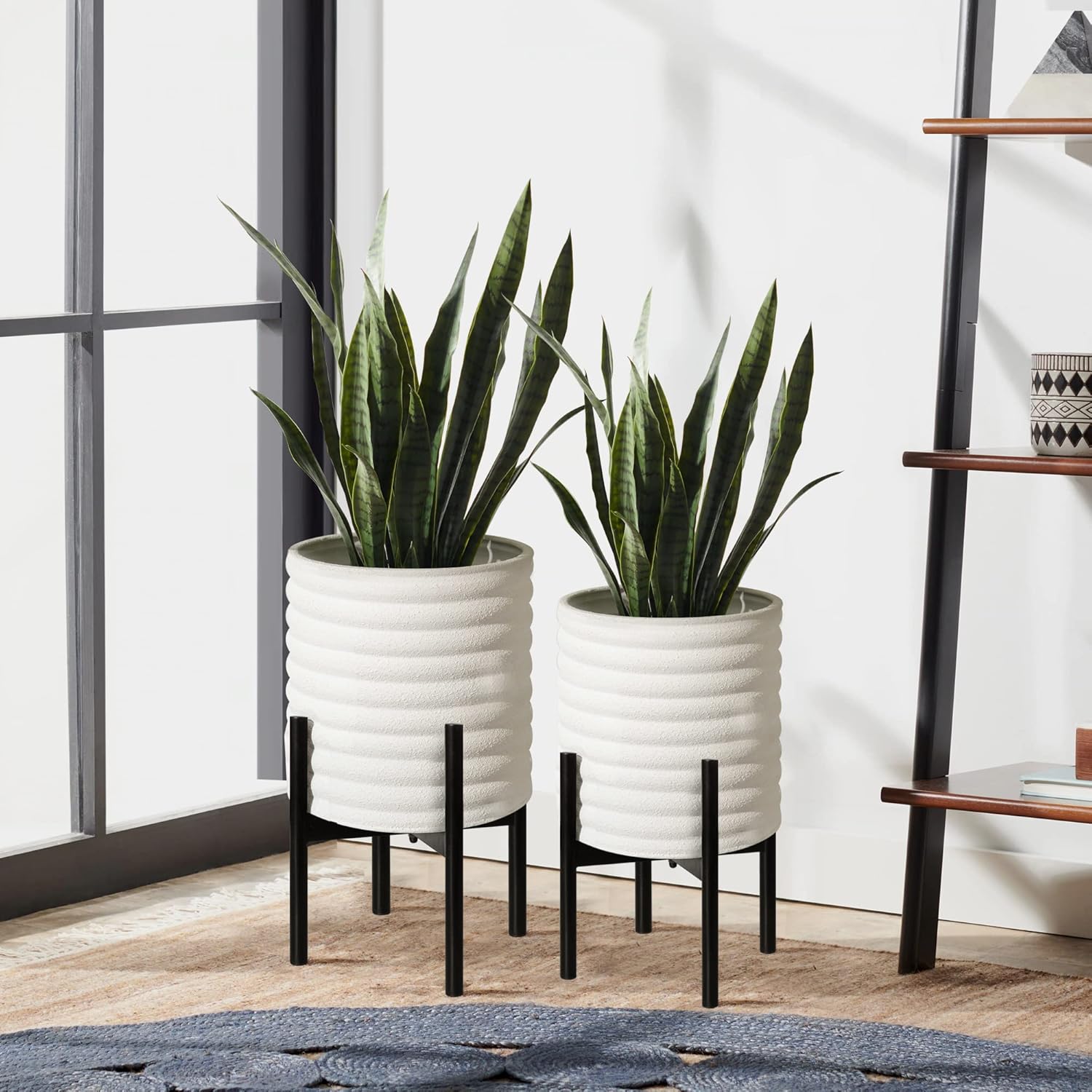 Oakrain Macetas de mediados de siglo para plantas de interior, juego de 2, macetas decorativas modernas de metal para sala de estar, oficina, jardín