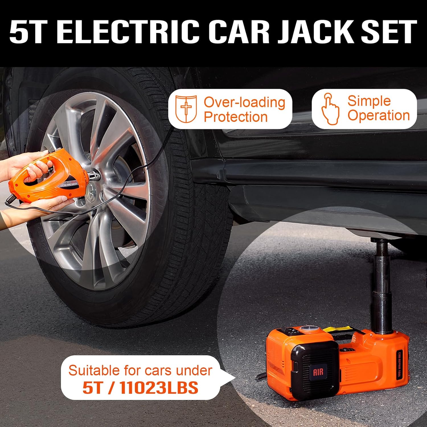 Gato eléctrico para automóvil hidráulico de 5 toneladas y 12 V con llave de impacto eléctrica y bomba de inflado de neumáticos para SUV, MPV, sedán,