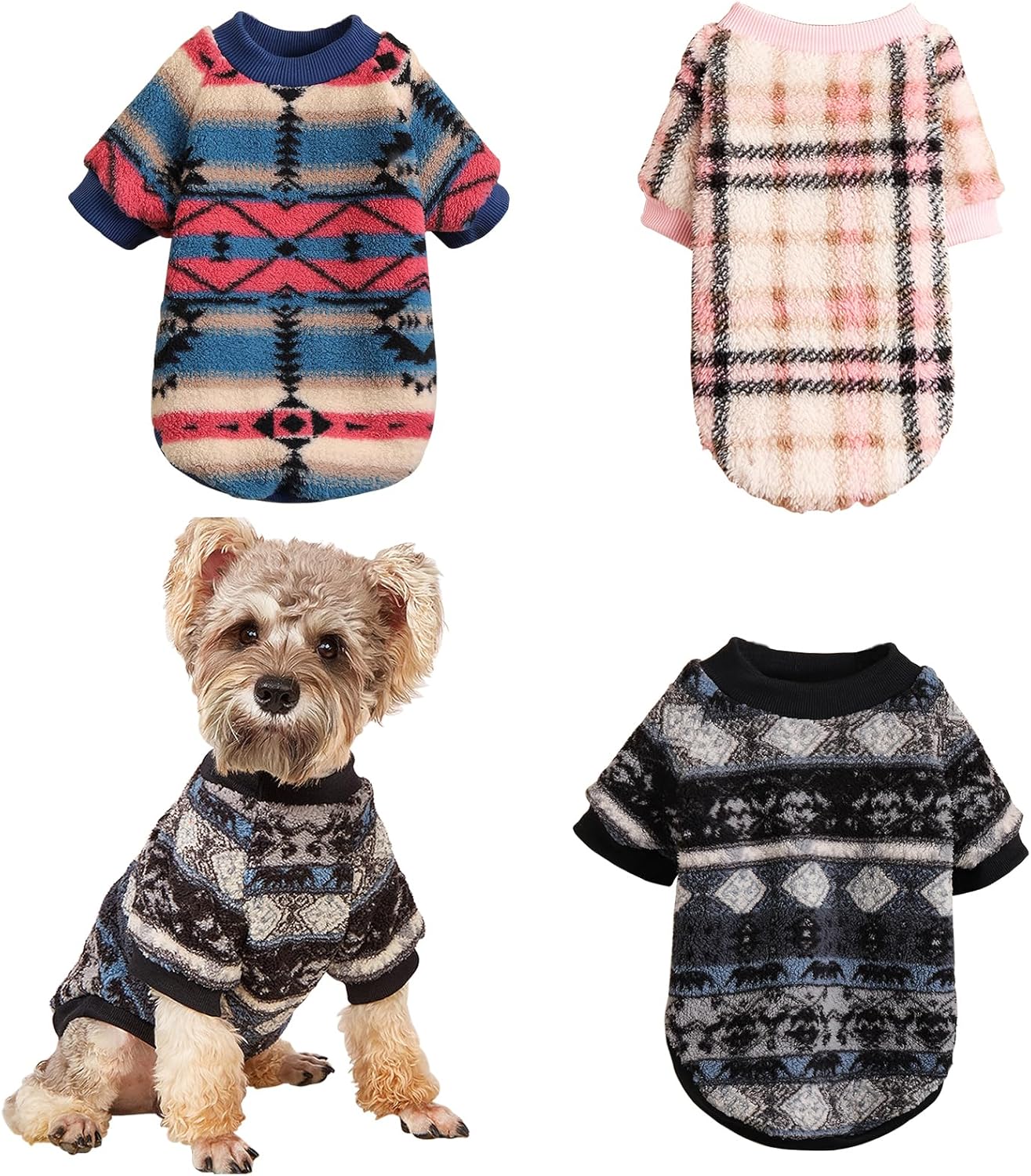 Moorfowl Suéter de felpa para perros pequeños, 3 paquetes de suéter de estilo étnico vintage, suéter cálido y suave de forro polar para cachorros,