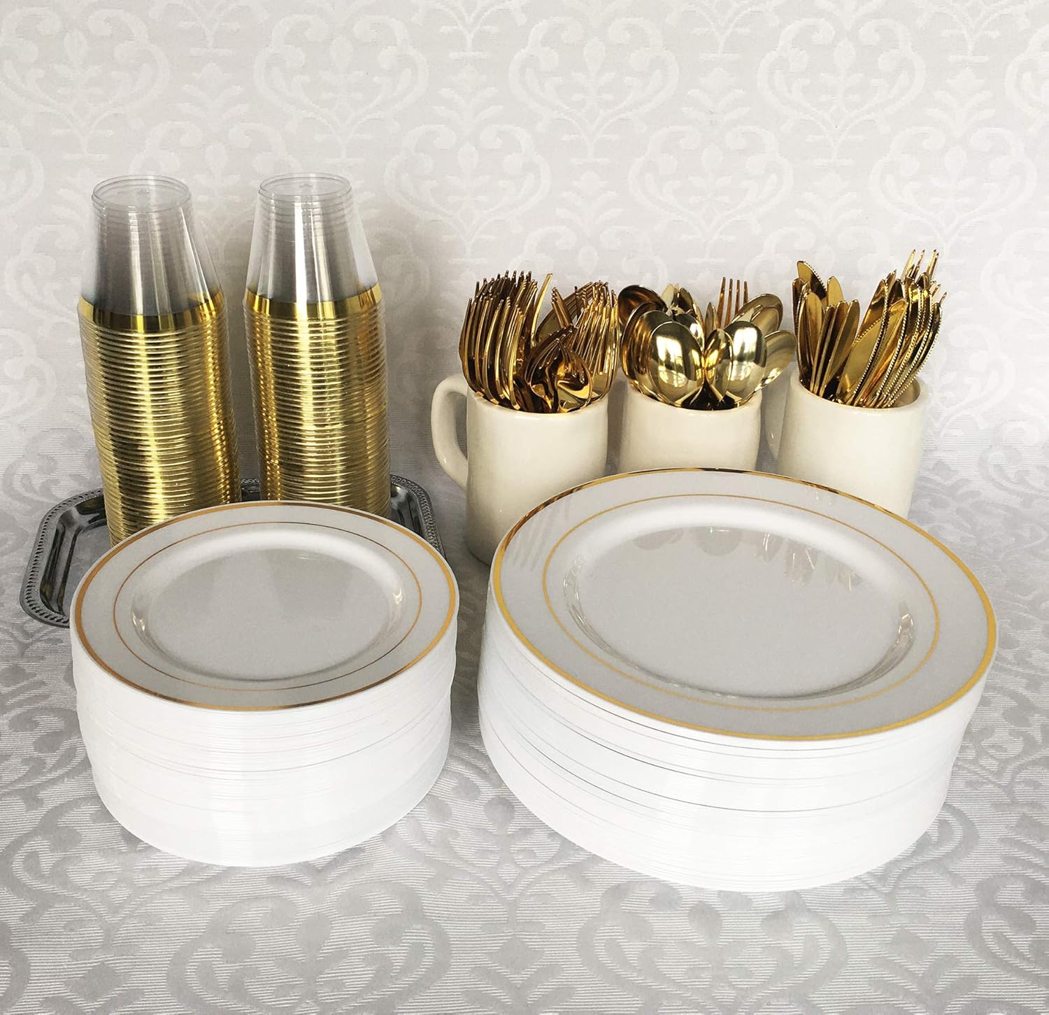 125 piezas oro placas plásticas y cubertería para 25 invitados, platos desechables de plástico resistente con borde de oro y plata para fiesta y