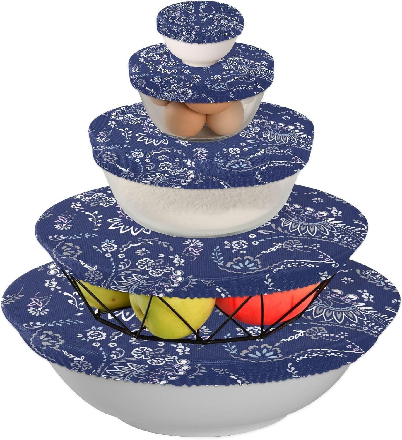 Asian Style 5PCS Reusable Elastic Bowl Covers for Food Storage Stretch Cloth Fabric Lids with 5 Different Sizes Heat Resistant Food Lids for Bread