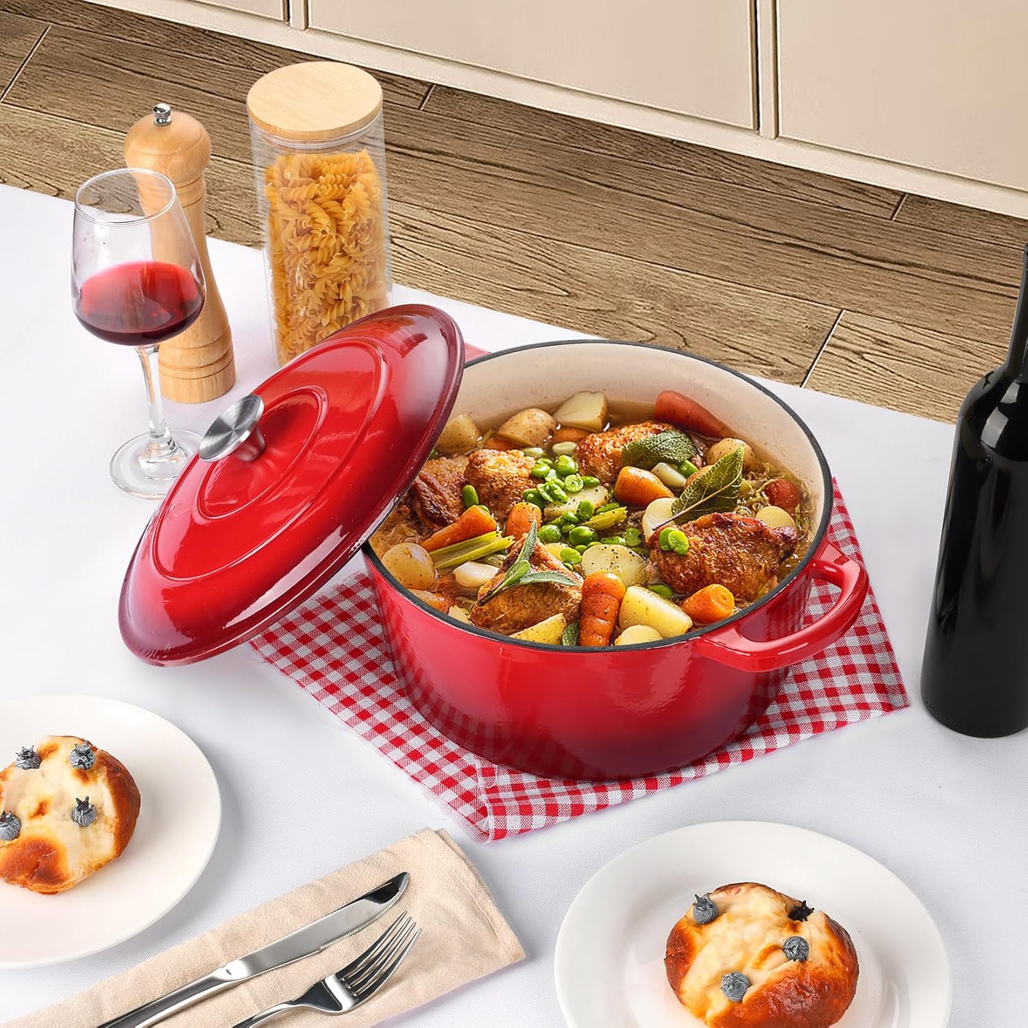 P&P CHEF – Horno holandés esmaltado de 6 cuartos de galón con tapa, olla holandesa de hierro fundido de 6 cuartos de galón, olla redonda esmaltada