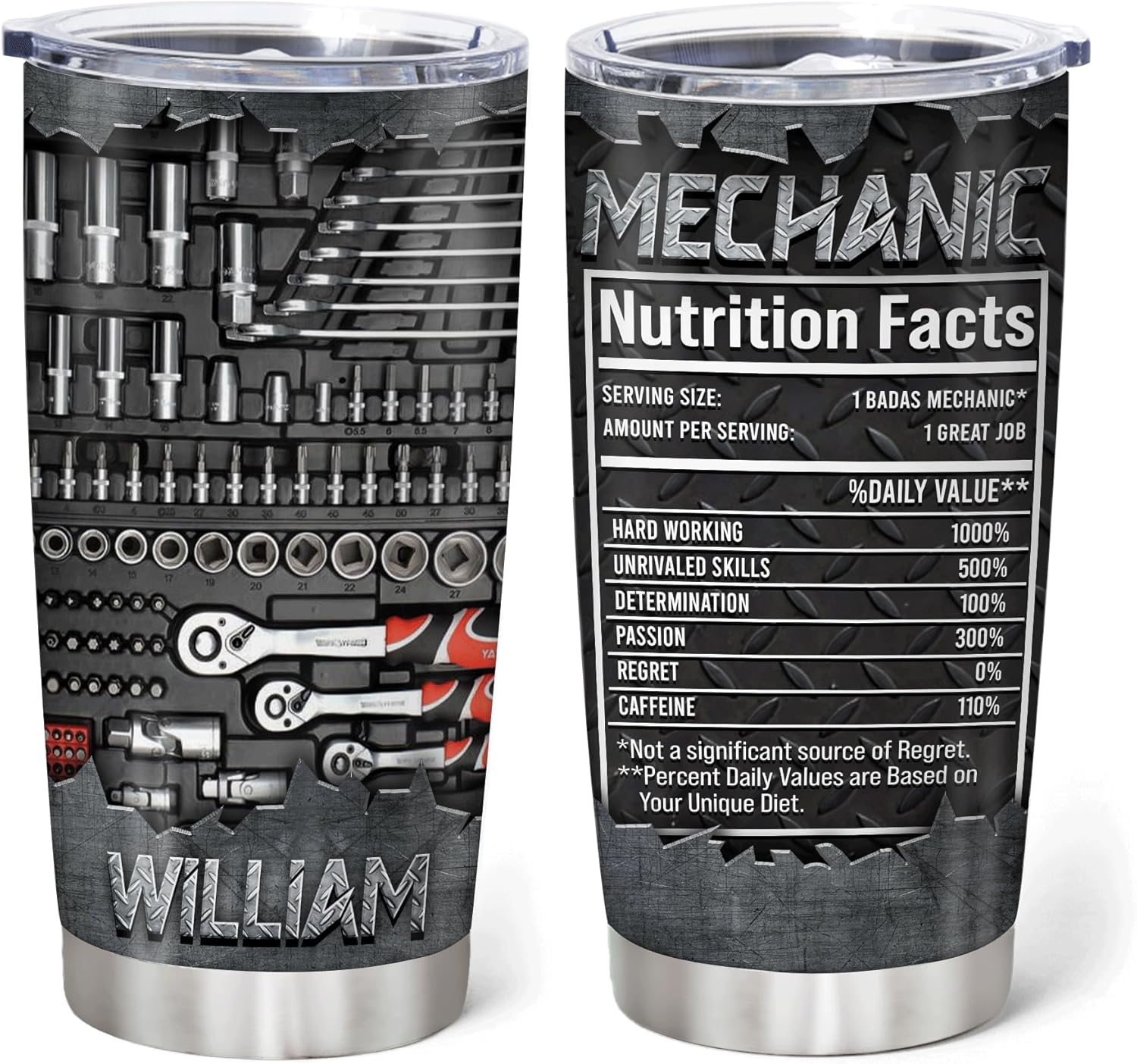 Hyturtle Regalos de mecánico personalizados para hombres, datos nutricionales del mecánico, vasos de acero inoxidable con nombre, taza de café de 20