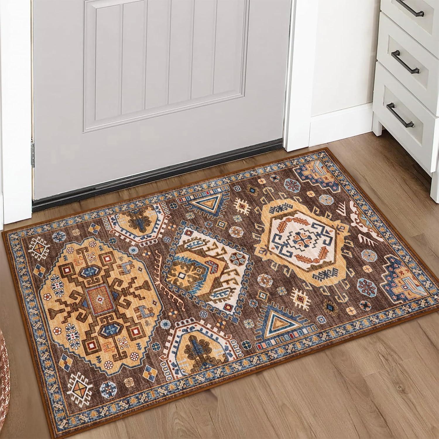 Lahome Alfombra oriental de cocina de 2 x 3, color marrón, para interiores, entrada, entrada, entrada, vestíbulo, suelo, ultrafina, de pelo bajo, no