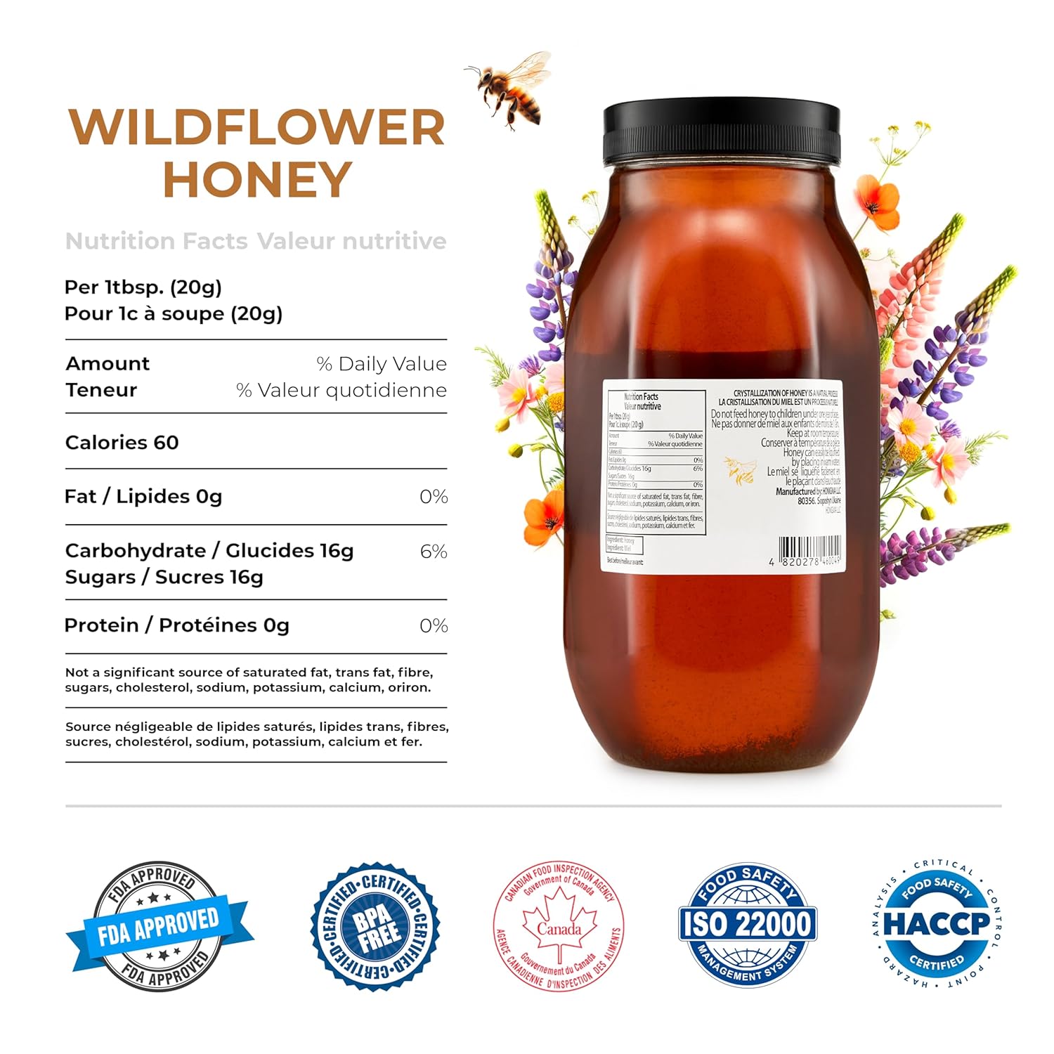 HONIGMA Marma – Miel de flores silvestres  Sabor exquisito  100% pura  Cristalizada  Sin pasteurizar  Sin filtrar  35.2 oz  Paquete de 6