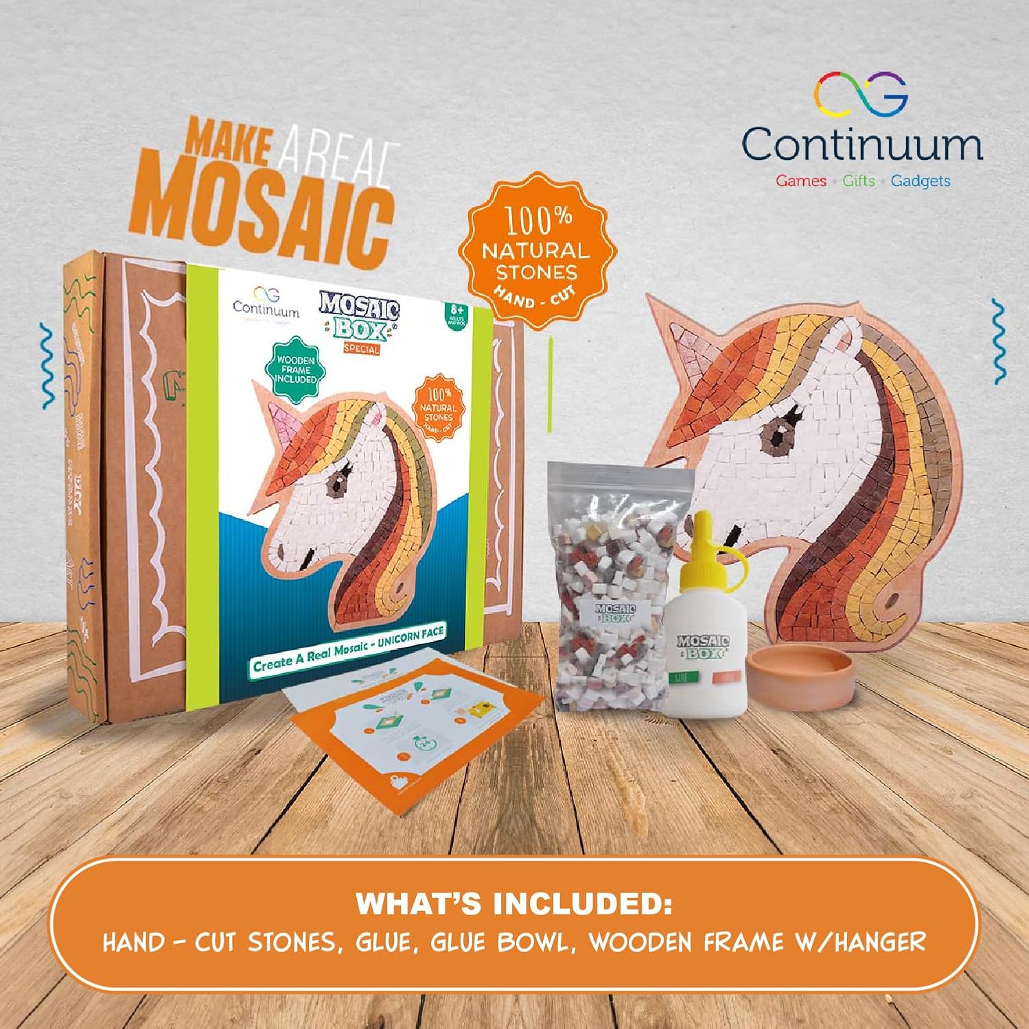 Continuum Games Caja de mosaico de piedra natural para artes y manualidades, rompecabezas de fotos, kit de manualidades para adultos y niños, cara