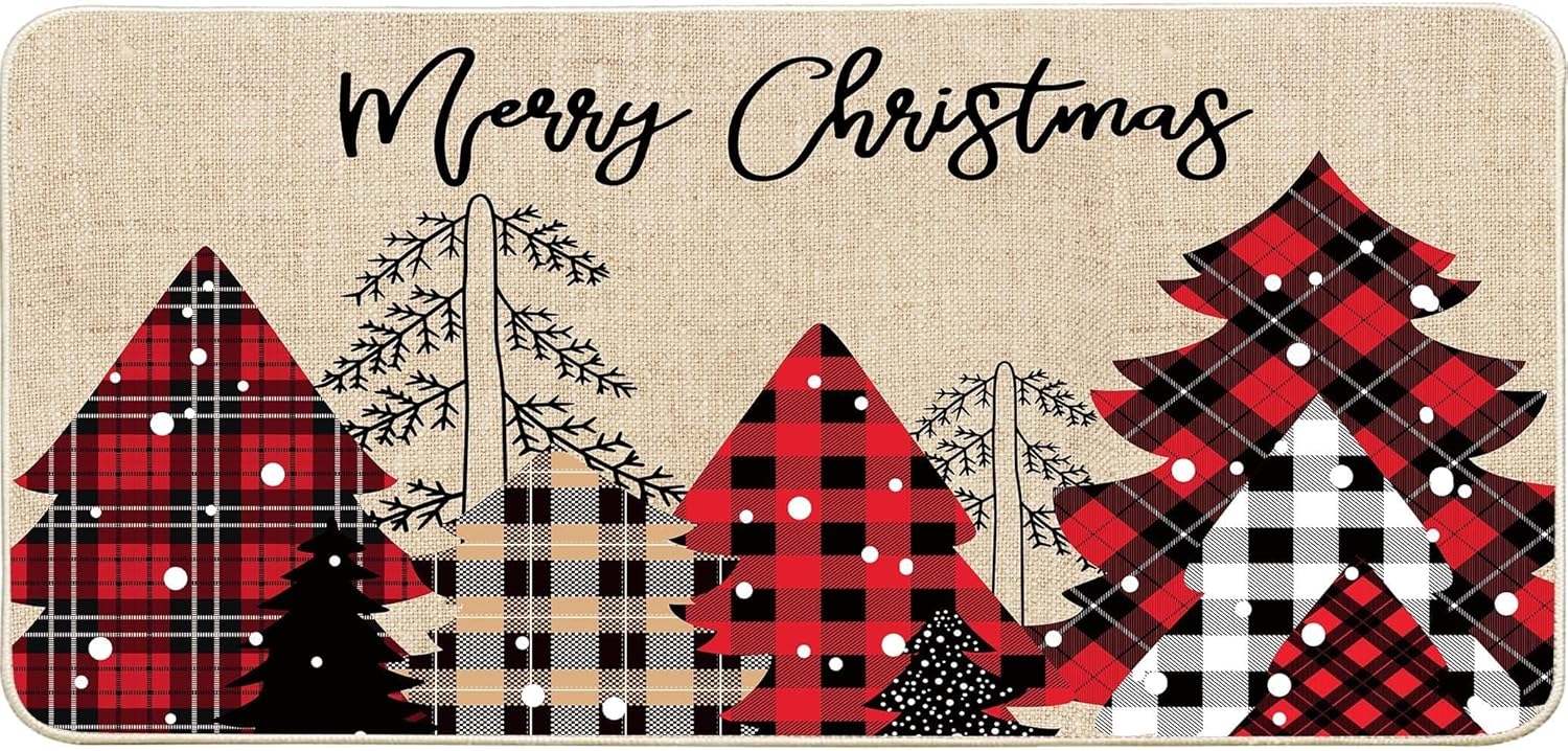 Baccessor Felpudo de Navidad con diseño de árboles de Navidad, a cuadros, decorativo para interiores y exteriores, tapete de puerta de bienvenida de