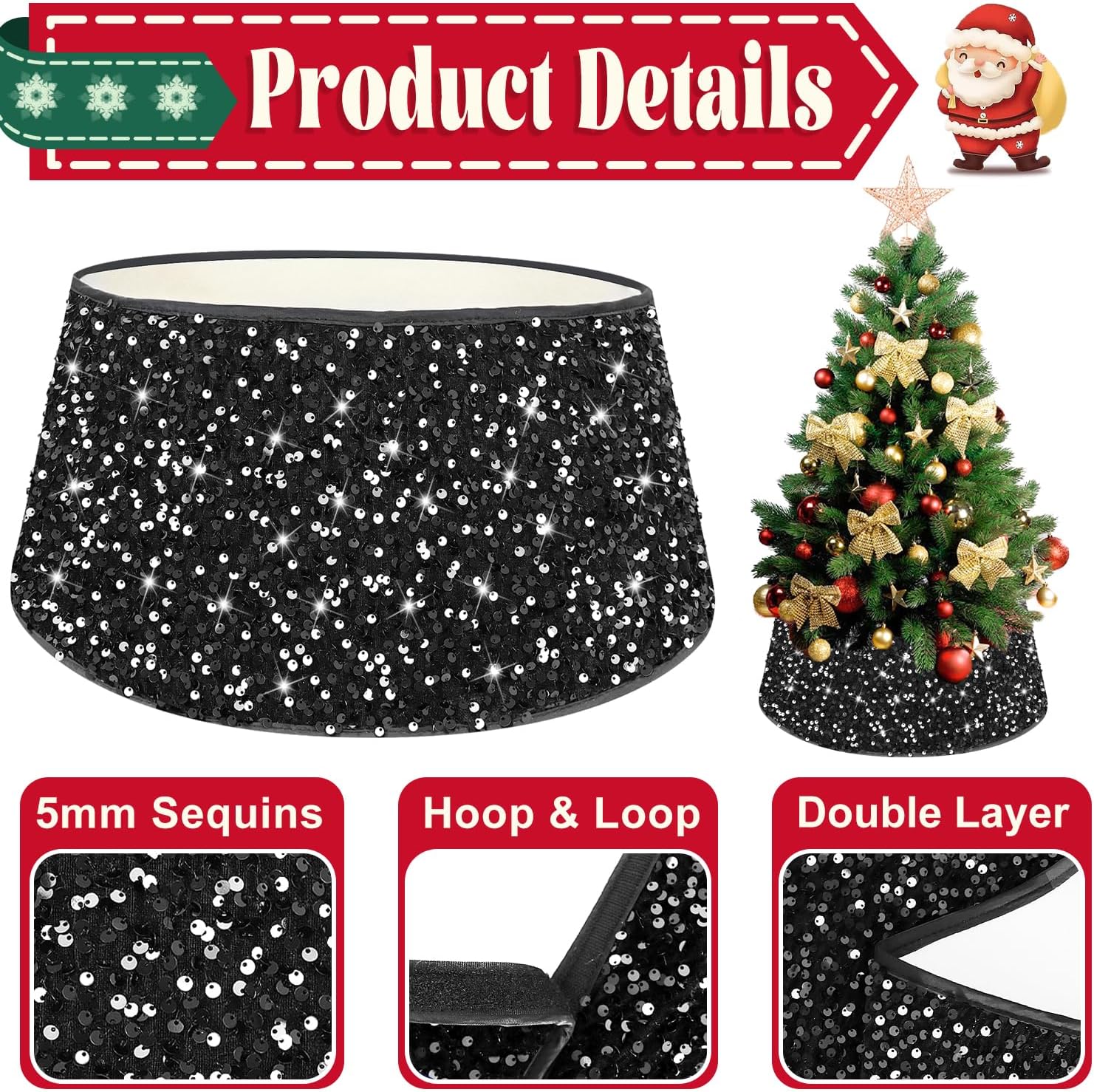 Collar de árbol de Navidad, falda de árbol de lentejuelas negras de 24 pulgadas, faldas de árbol de Halloween para árboles artificiales, anillo de