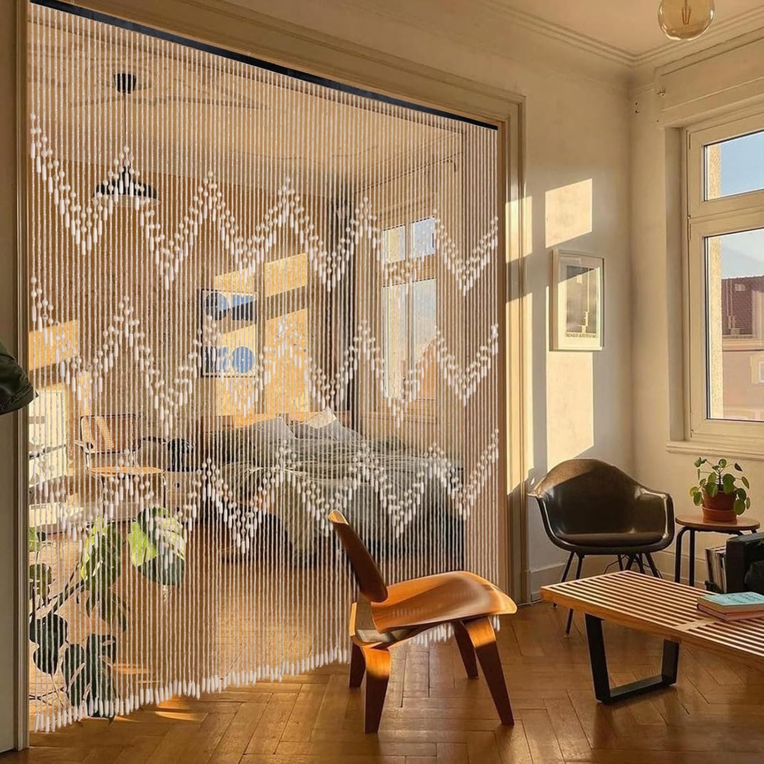 Cortina hecha a mano con cuentas para puerta, de madera de bambú, cortina para colgar separador de habitaciones, cortina hippie para ventana de