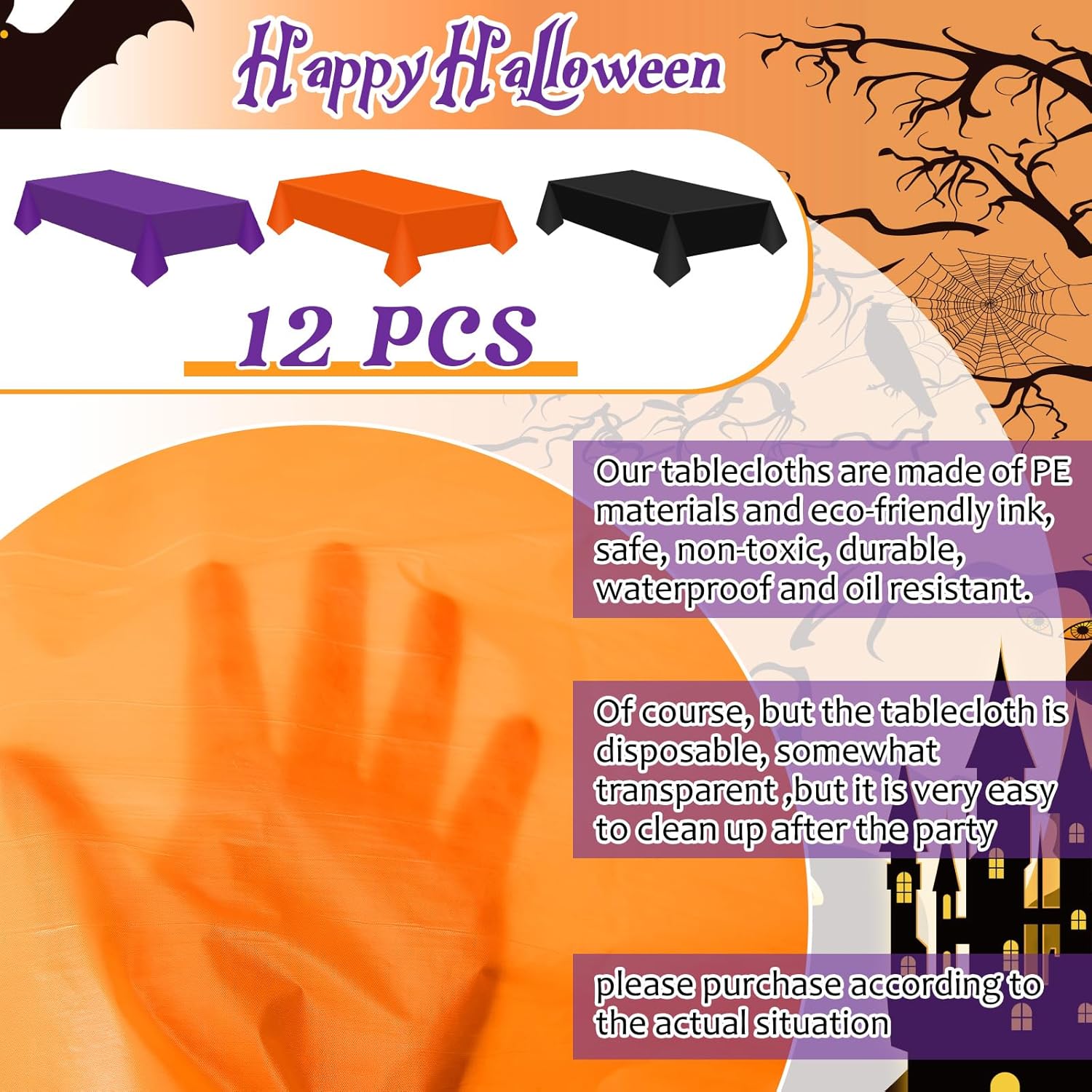 Mantel de plástico desechable de Halloween para mesas rectangulares, impermeable, para fiestas y decoraciones de Halloween, 54 x 108 pulgadas,