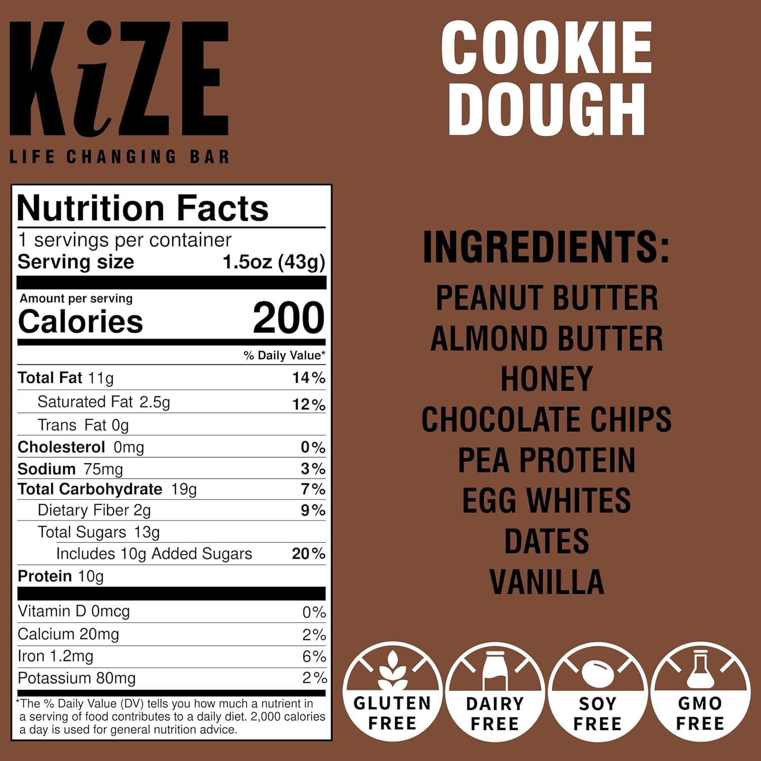 KiZE Barras, 4 unidades, sabor a masa de galletas, alto en proteínas, sin lácteos, sin gluten, sin OMG, barras de comida sin soja