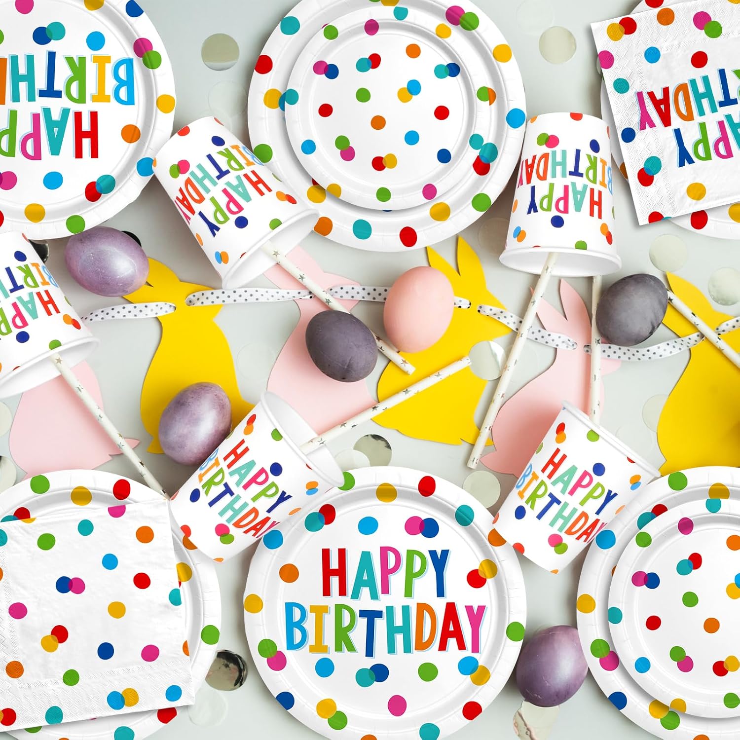 Decoraciones de feliz cumpleaños juego de suministros de fiesta de feliz cumpleaños con diseño de puntos de cumpleaños, incluye platos de cumpleaños