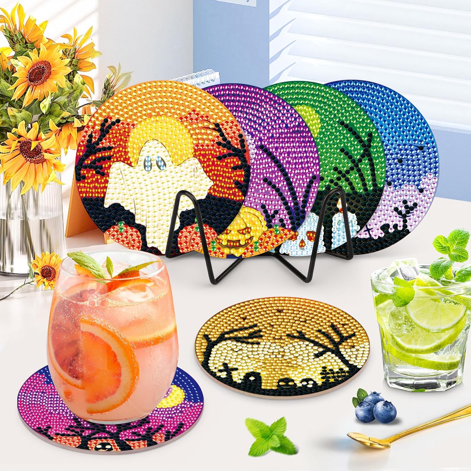 NAIMOER 8 posavasos de pintura de diamantes de Halloween, posavasos de bricolaje con diseño de calavera y diamantes para adultos y niños, posavasos