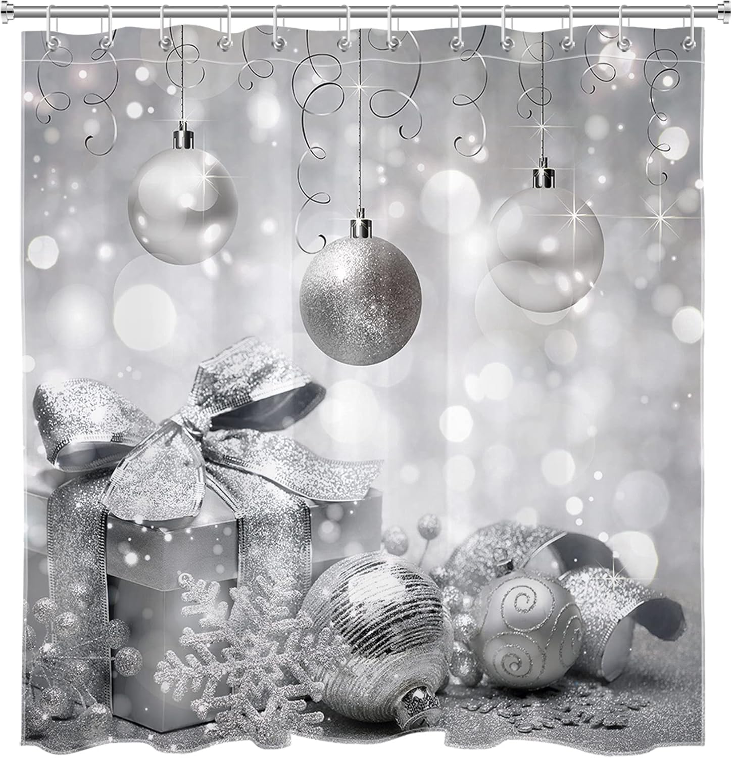 LB Cortina de ducha de Feliz Navidad, bolas plateadas, copos de nieve, regalo de Año Nuevo, cortinas de ducha para baño, cortina de baño plateada,