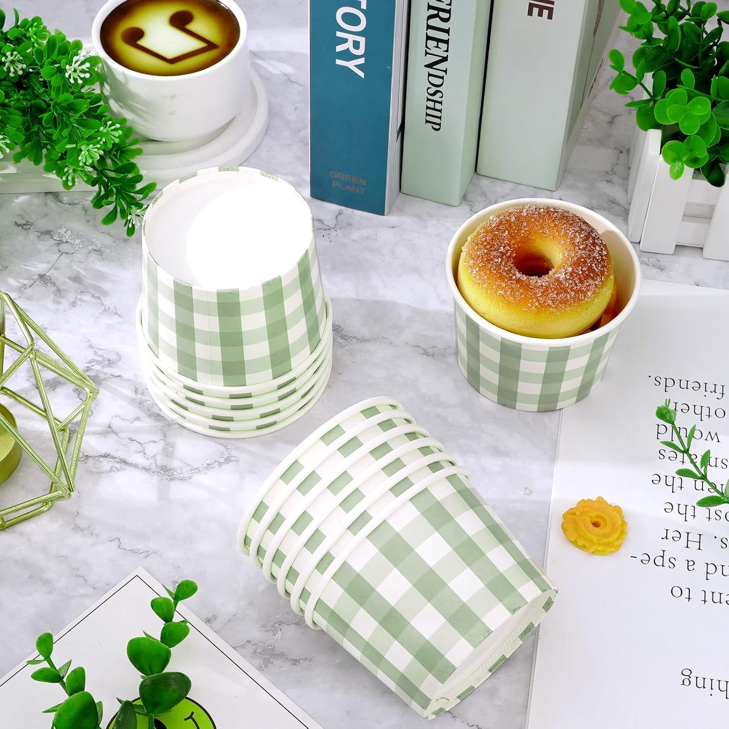 Whaline 50 vasos de papel desechables de color verde salvia, cuencos de aperitivos de 6.5 onzas, cuencos de papel para helado para boda, cumpleaños,