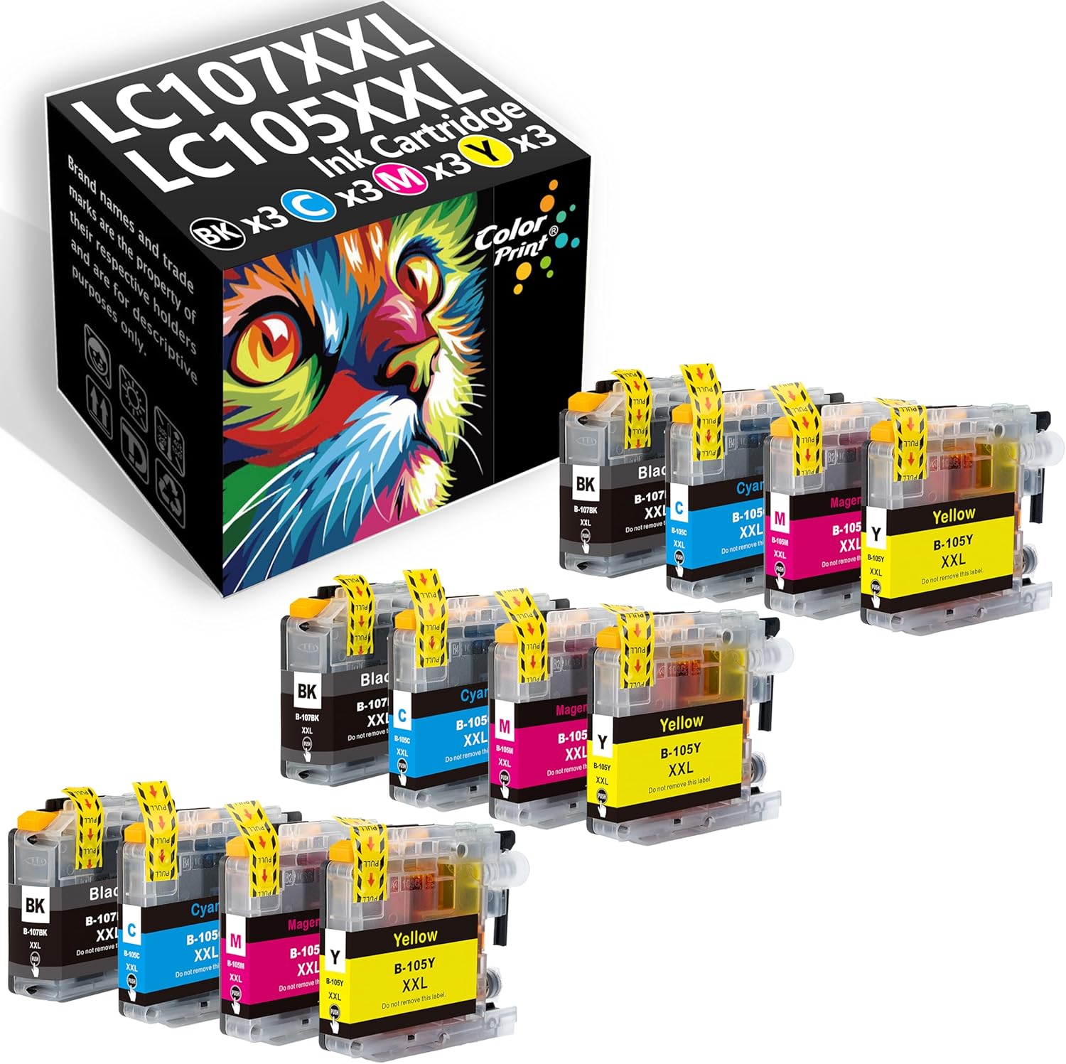 Paquete de 12 cartuchos de tinta compatibles con ColorPrint LC107 LC105 para Brother LC107BK LC105C LC105M LC105Y funciona con impresora MFC-J4310DW