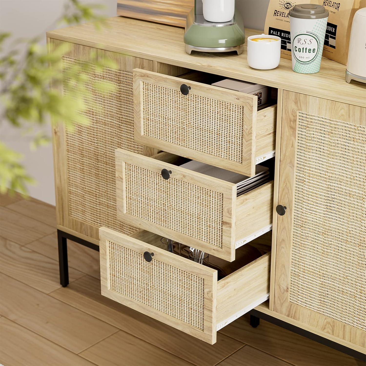 Aparador de ratán con almacenamiento, armario con puertas y estantes, armario decorativo con cajones para sala de estar, cocina, comedor, entrada