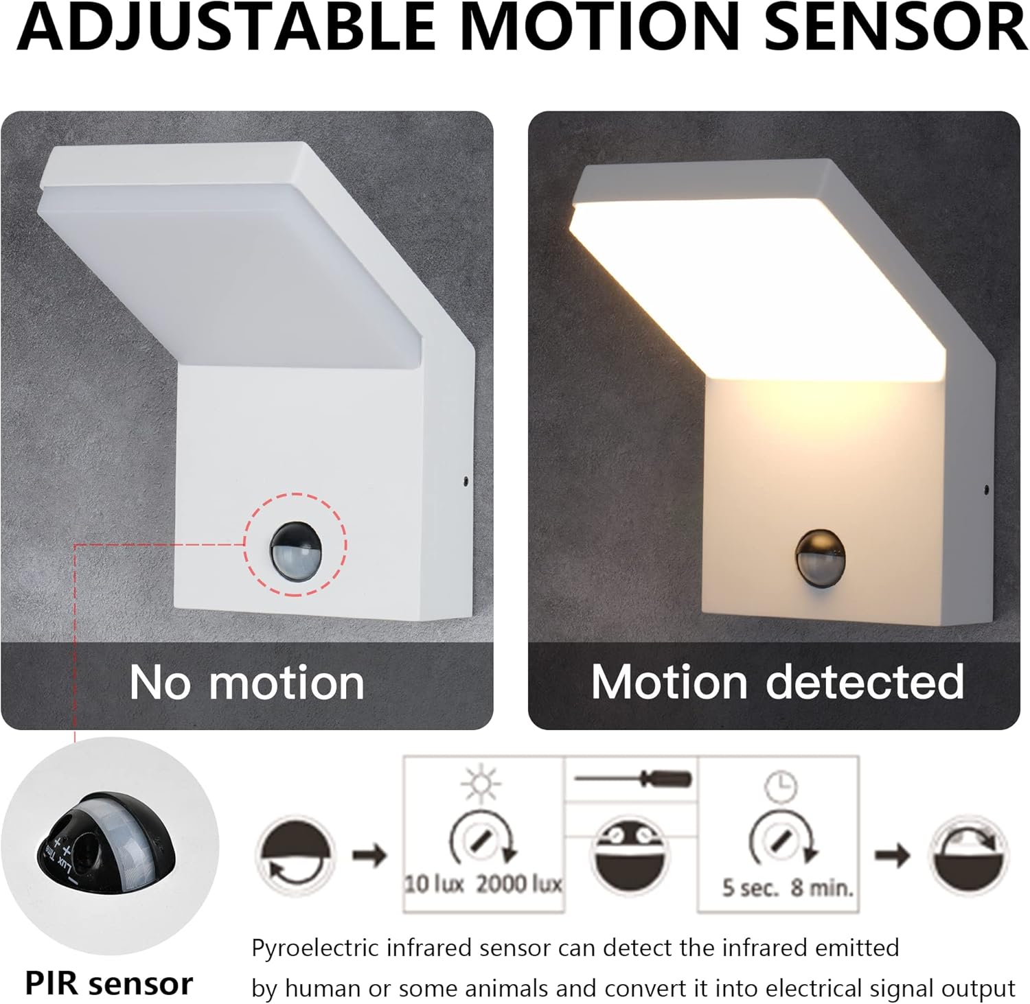 Inowel Paquete de 2 apliques de pared con sensor de movimiento para exteriores, luz LED blanca, moderna, para porche, IP54, impermeable, para