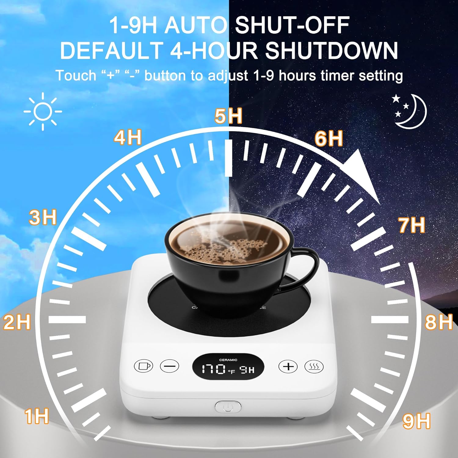 Calentador de taza de café, calentador de café para escritorio con 9 ajustes de temperatura, temporizador de 9 horas, plato calentador de café