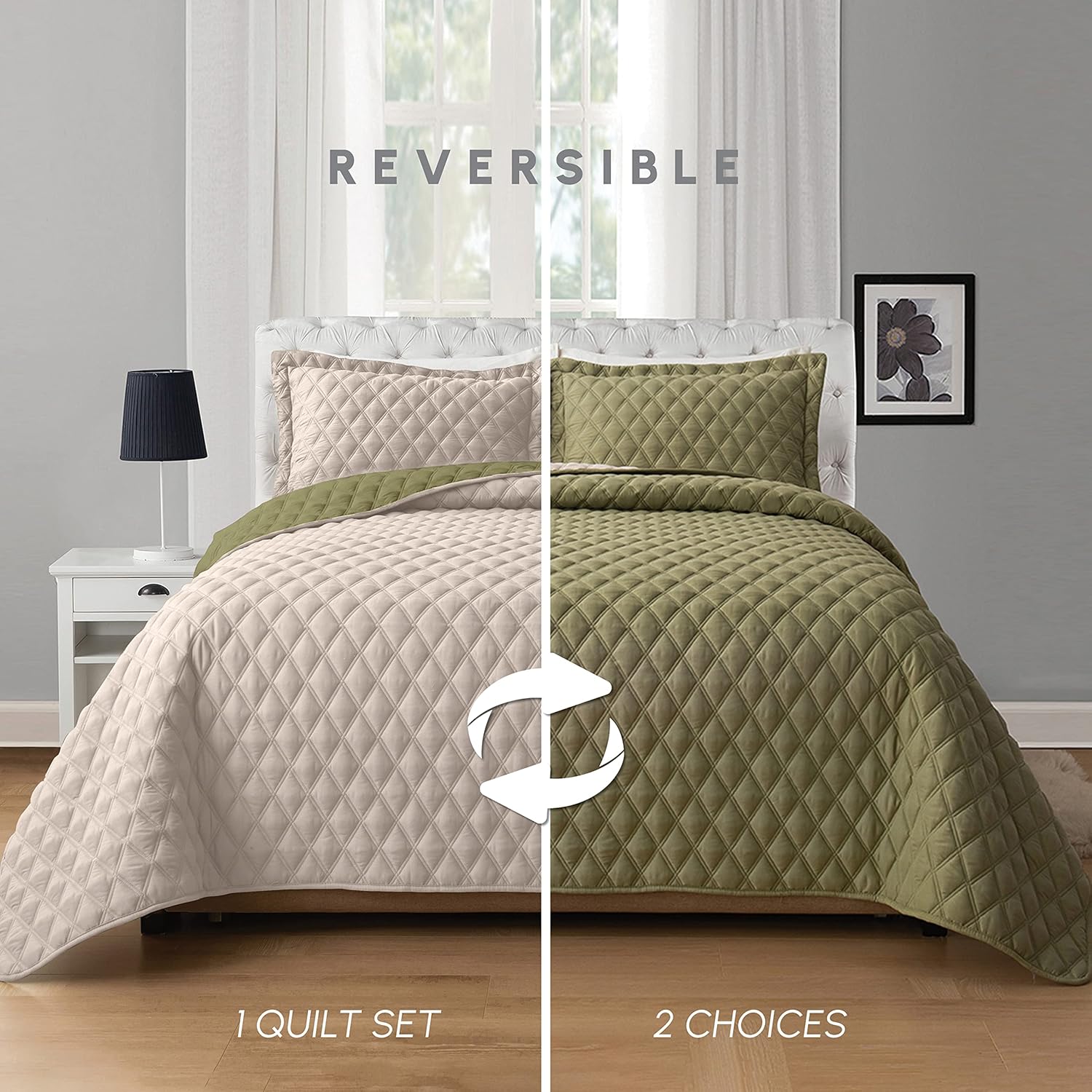 Elegant Comfort Juego de colcha reversible acolchada de 3 piezas con fundas de almohada, exquisitas costuras de diamante para todas las estaciones,
