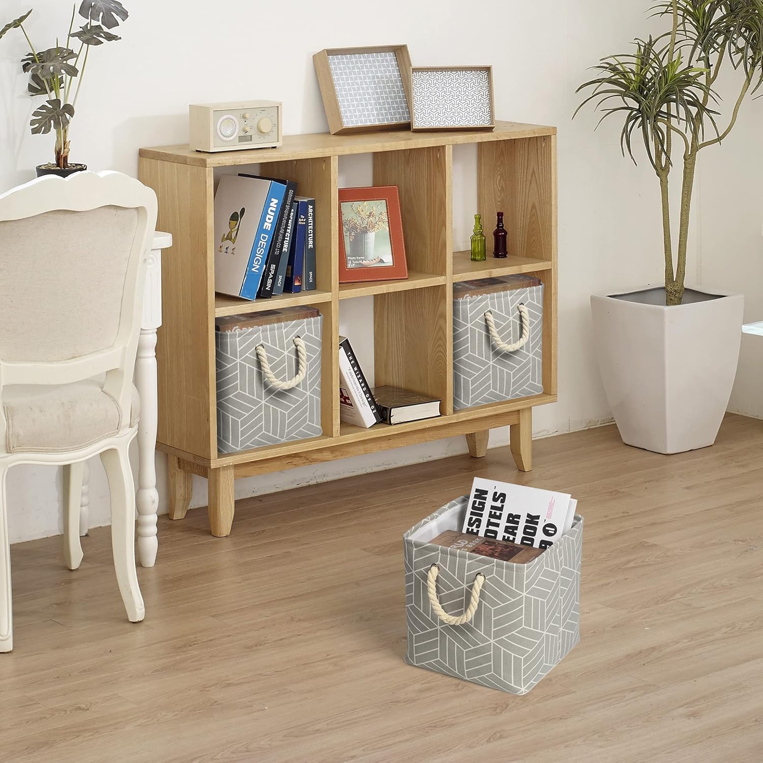 3 cestas de almacenamiento plegables de 36 litros, cubos de tela, caja cuadrada para estantes, organizador de recibos, rectangular, lona con asas