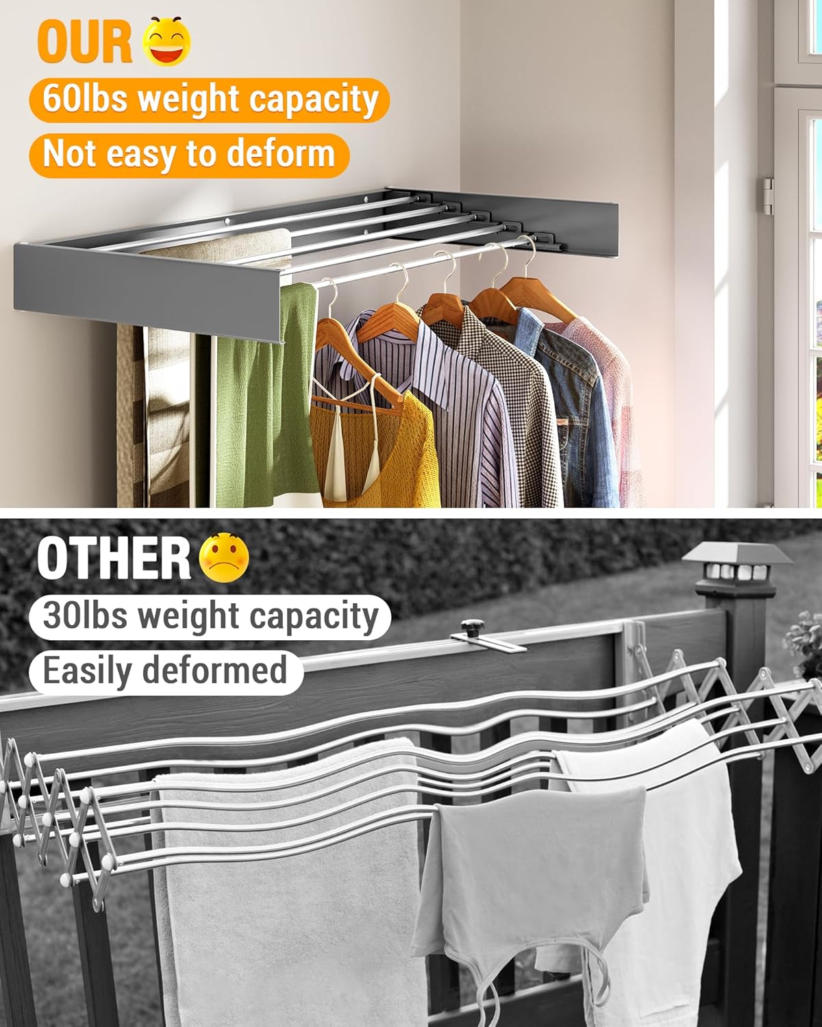 Escurridor para montar en la pared, 31.5 pulgadas de ancho, 13.2 pies lineales, varillas de aluminio 100% ahorradoras de espacio, con plantilla de