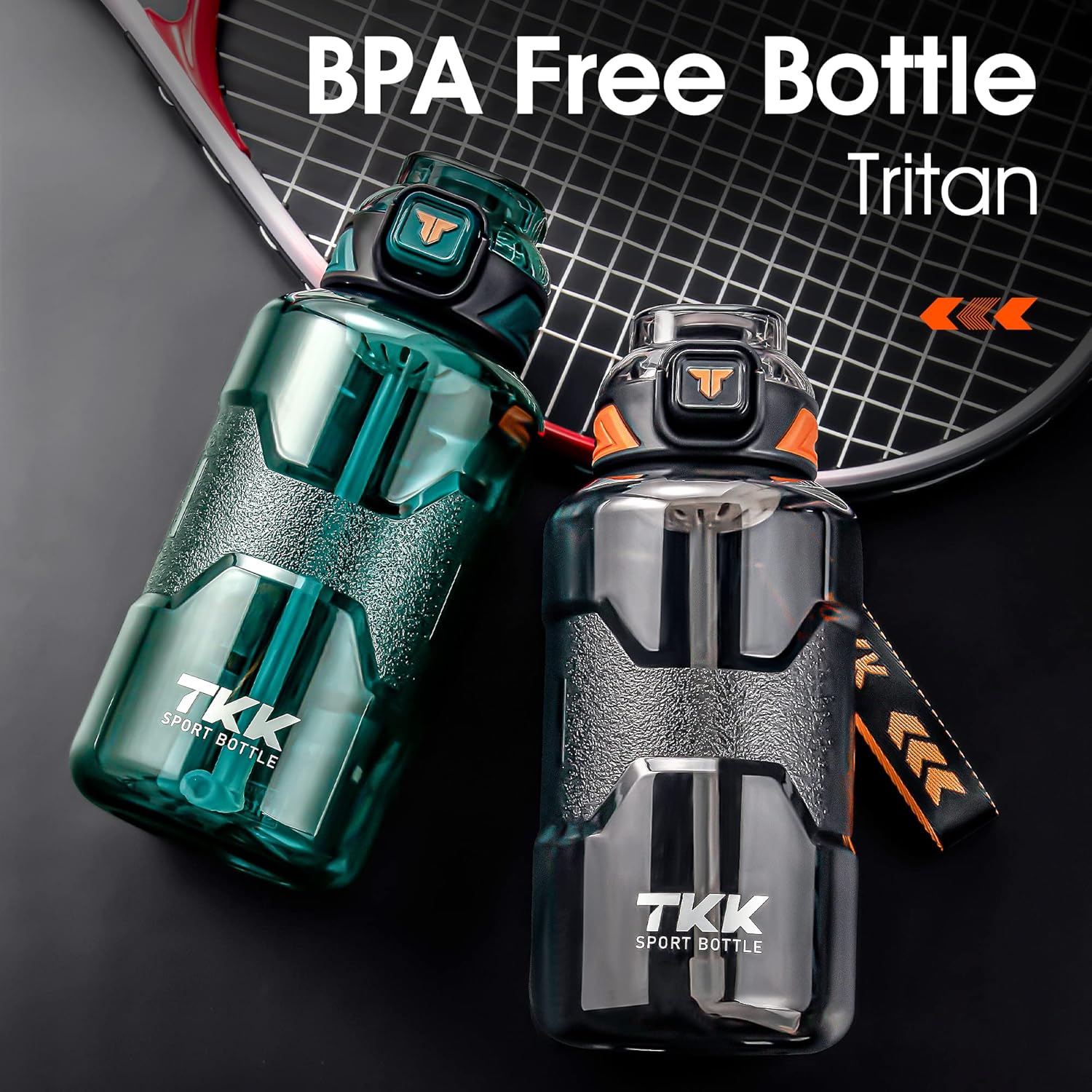 TKK Botella de agua deportiva de 50 onzas, botella de agua de medio galón con pajilla, botella de agua de plástico de gran capacidad, apta para
