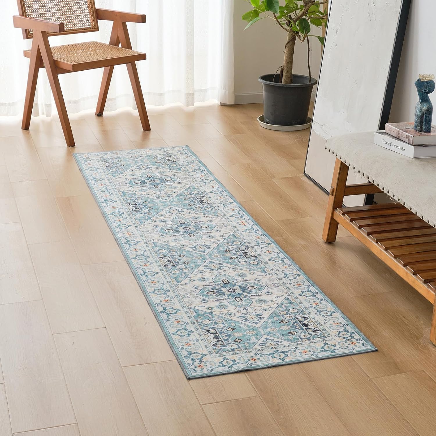 Auemtyn Alfombra de pasillo, 2 x 8 pies, lavable, vintage, con parte trasera antideslizante, medallón ultrafina, envejecida, no desprende pelusa,
