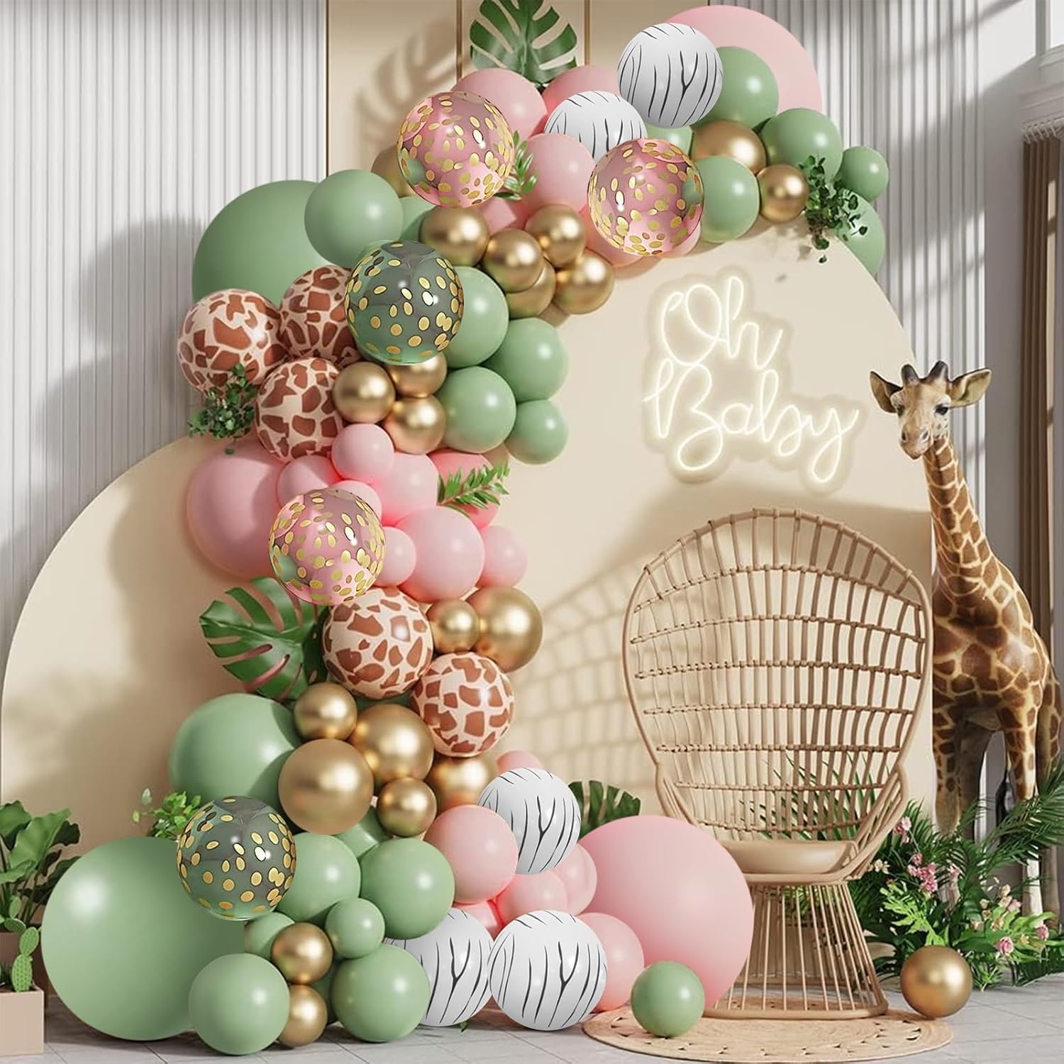 Kit de guirnalda de globos de safari en la selva, jirafa, cebra, estampado a rayas, verde salvia, rosa, globos y globos de confeti dorado metálico