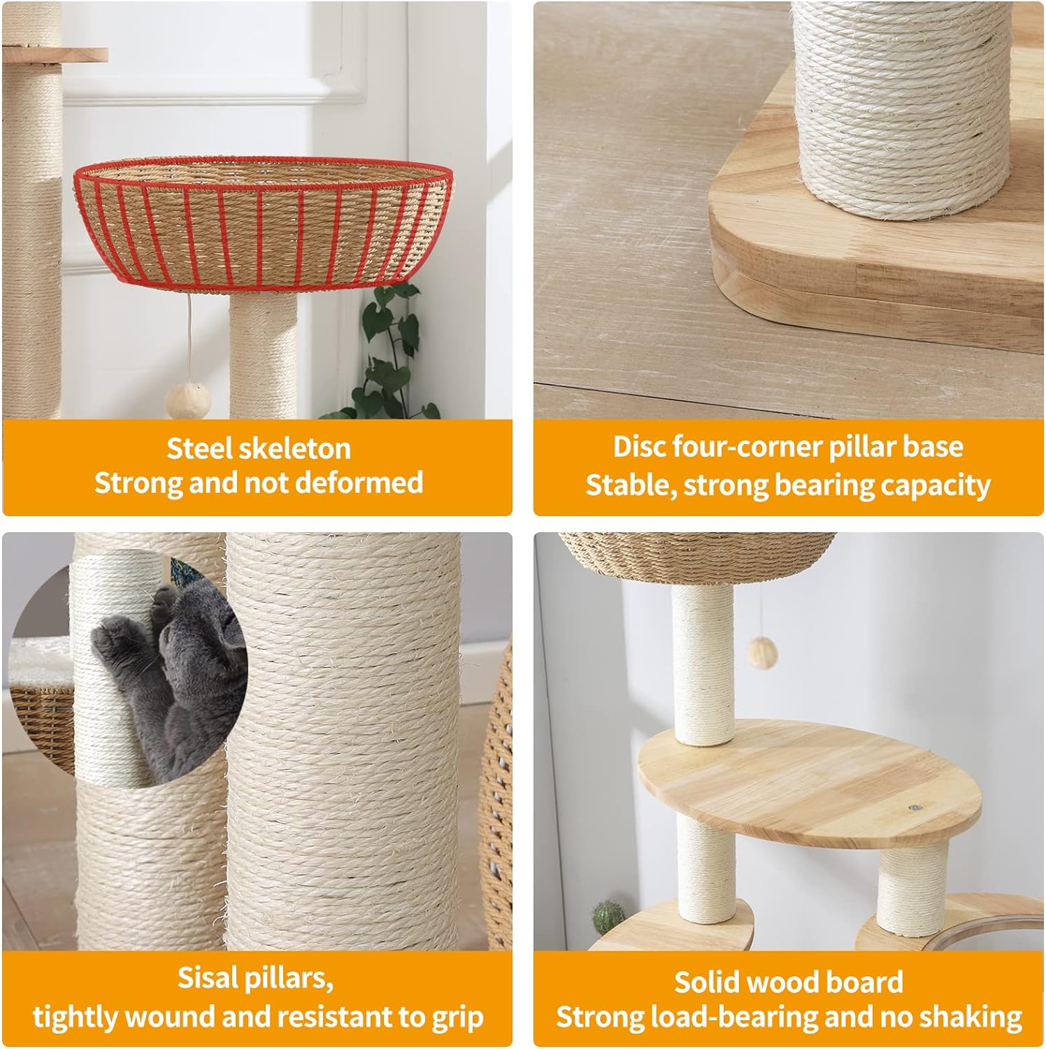 Torre de árbol para gatos grande y moderna de 59 pulgadas, torre para gatos, postes rascadores cubiertos de sisal para gatos de interior, árbol de