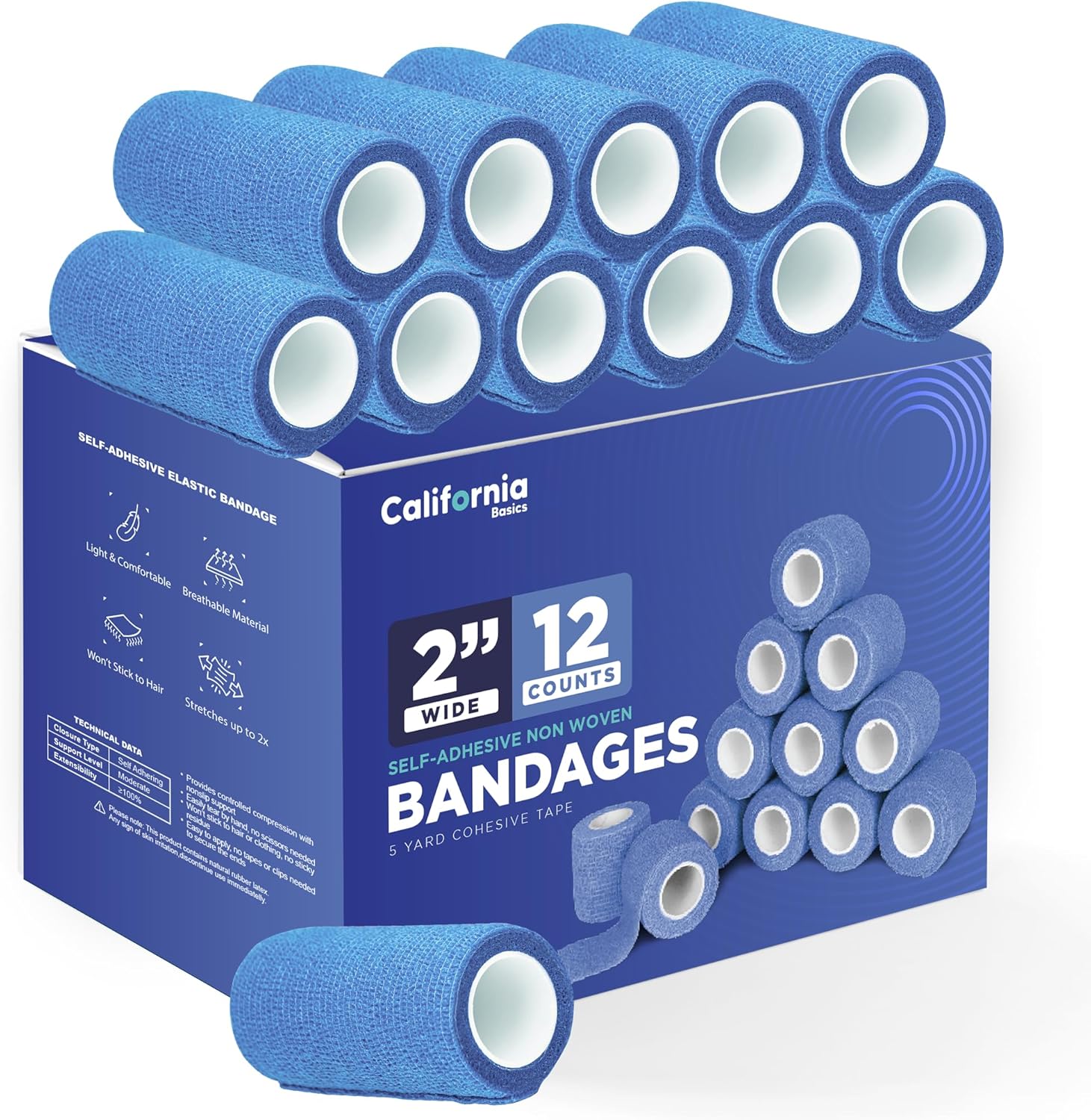 California Basics Envoltura de vendaje autoadhesivo (2 pulgadas), paquete de 12 rollos cohesivos no tejidos, cinta médica impermeable, uso atlético,