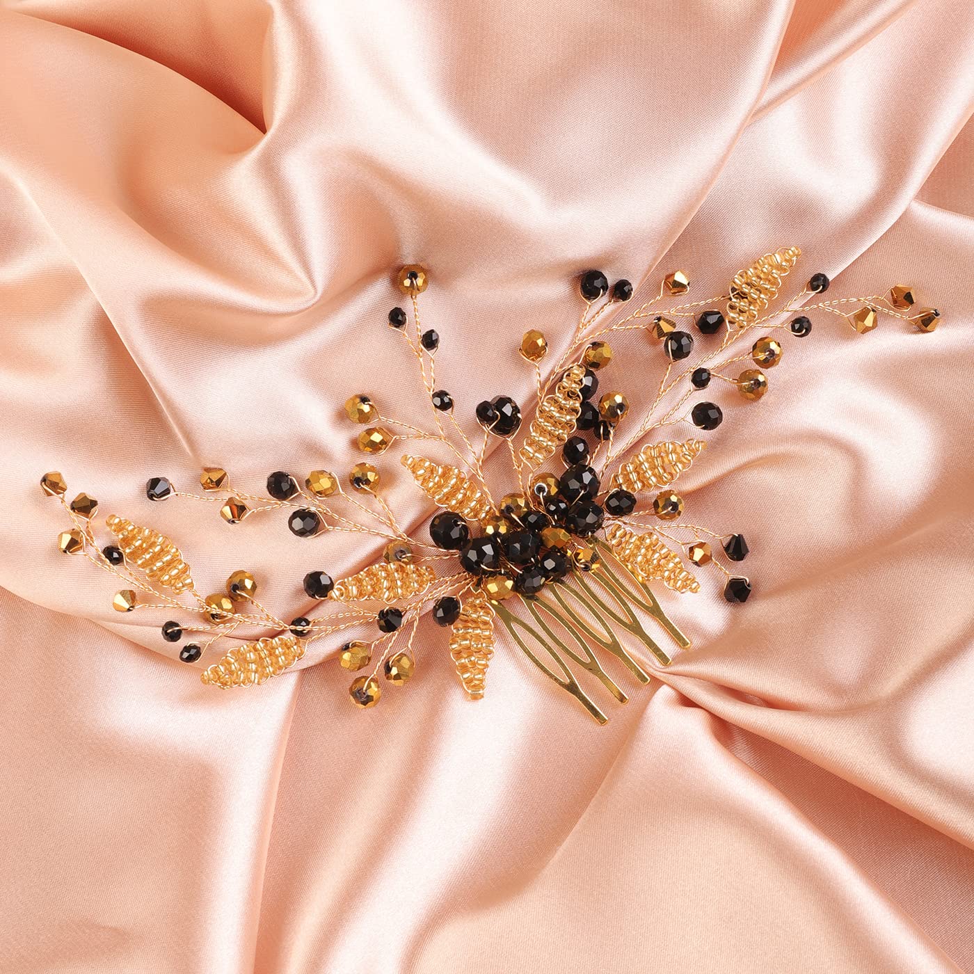 BERYUAN Peine de pelo con cuentas doradas de cristal negro, pieza de pelo de boda, diadema dorada para novia, estilo bohemio, accesorio elegante