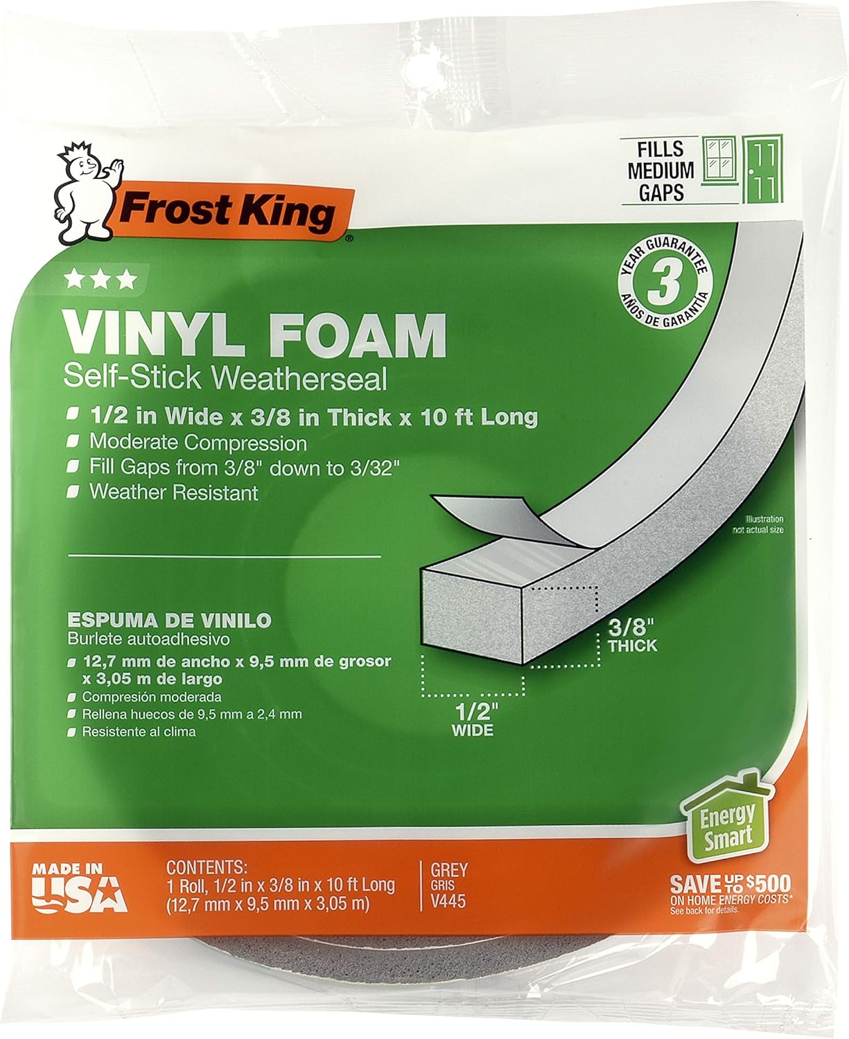 Frost King Cinta de espuma de vinilo – Celda cerrada – Compresión moderada, 12 W”, 38″ de grosor, 10′ L, gris