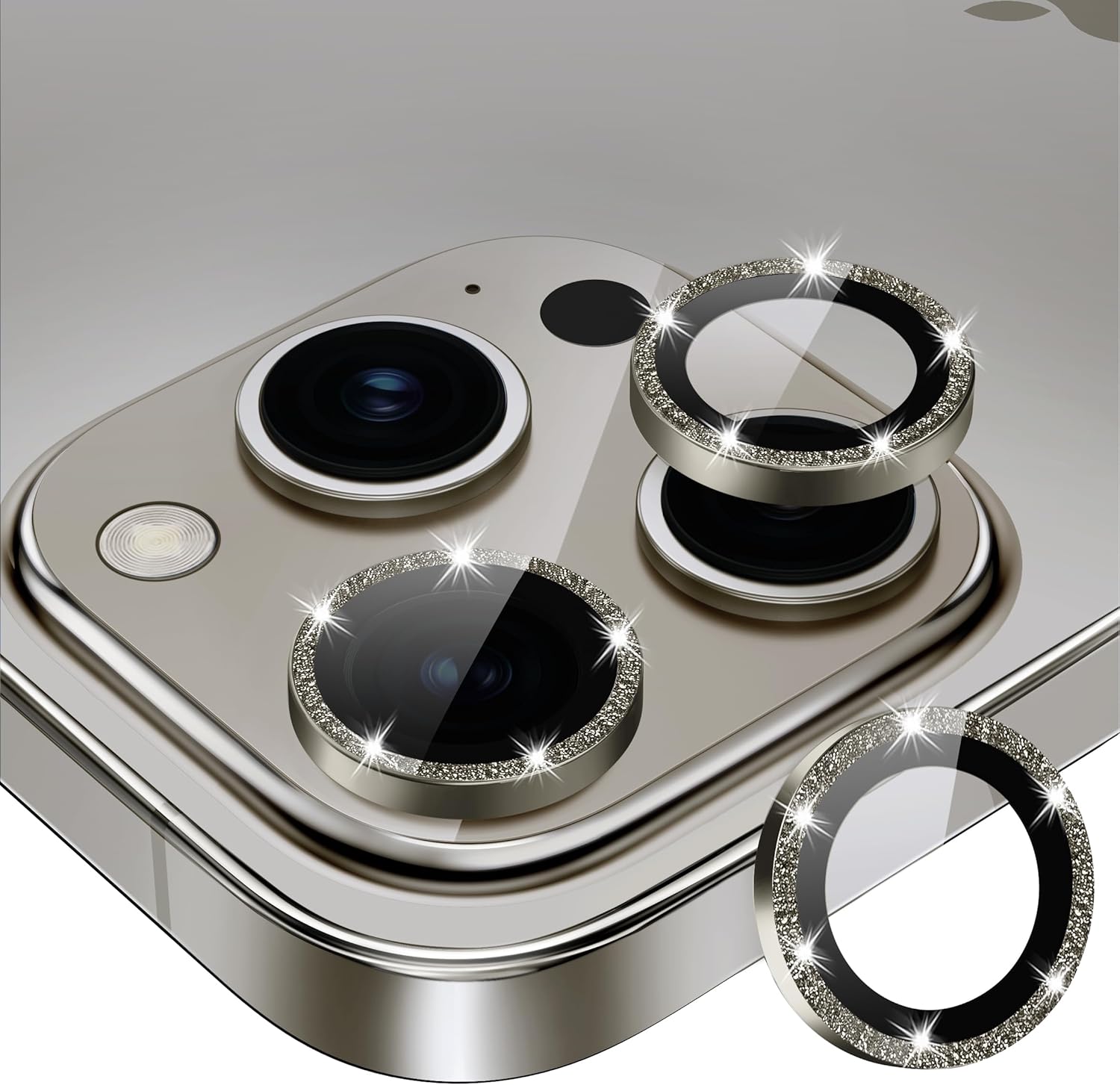 Xfilm Protector de lente de cámara para iPhone 15 Pro  15 Pro Max Bling, anillo de metal individual con purpurina de dureza 9H, protector a prueba