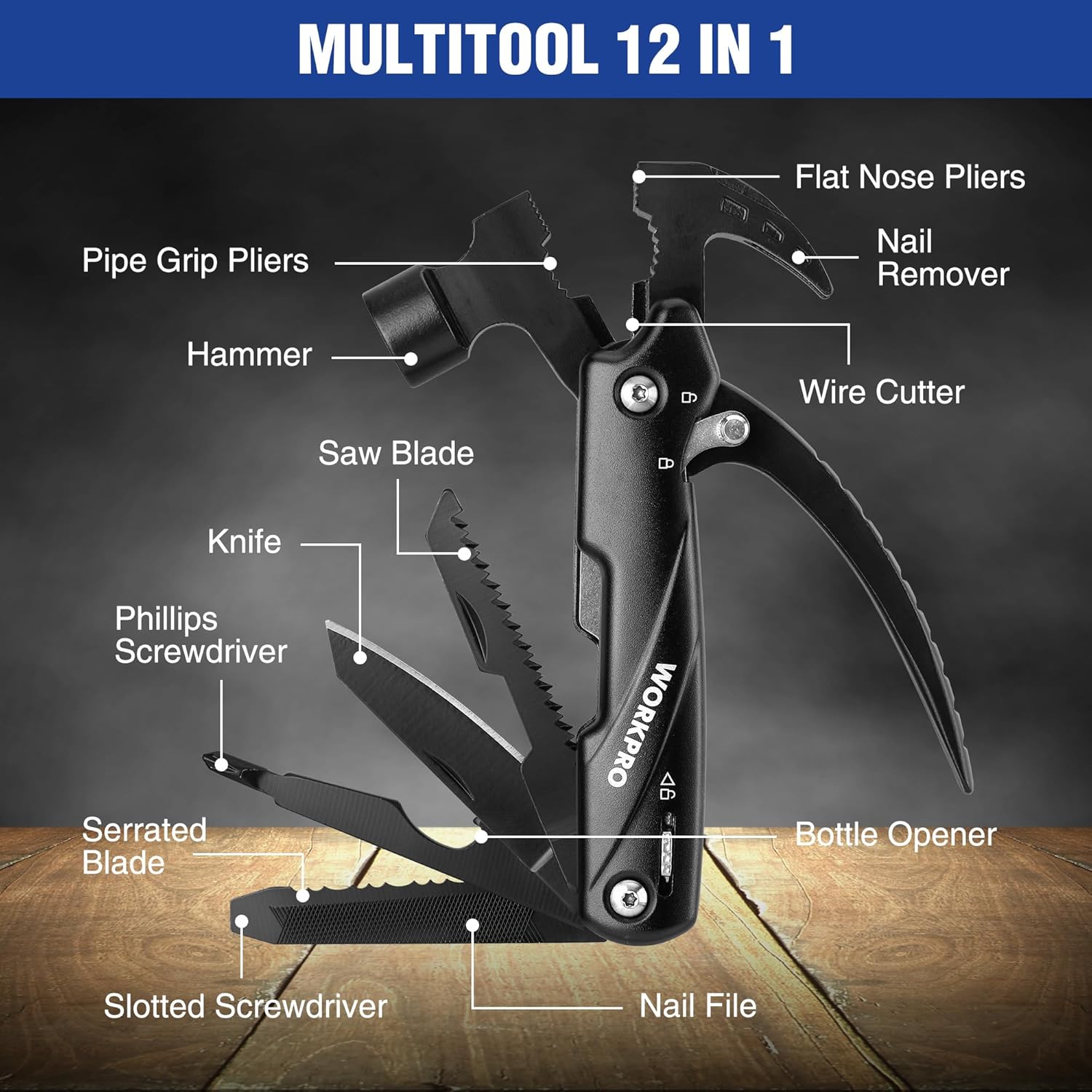 WORKPRO Multitool-Herramientas de camping 12 en 1 con mini martillo-EDC Gear Multi Herramientas Martillo con bloqueo de seguridad y bolsa, Mini