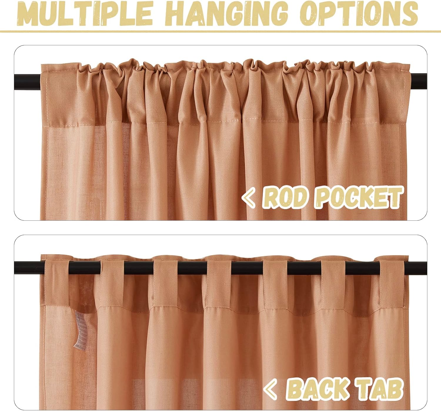StangH Cortinas de lino de terracota  Cortinas semitransparentes de arpillera de privacidad con pestaña trasera para dormitorio, paneles de puerta