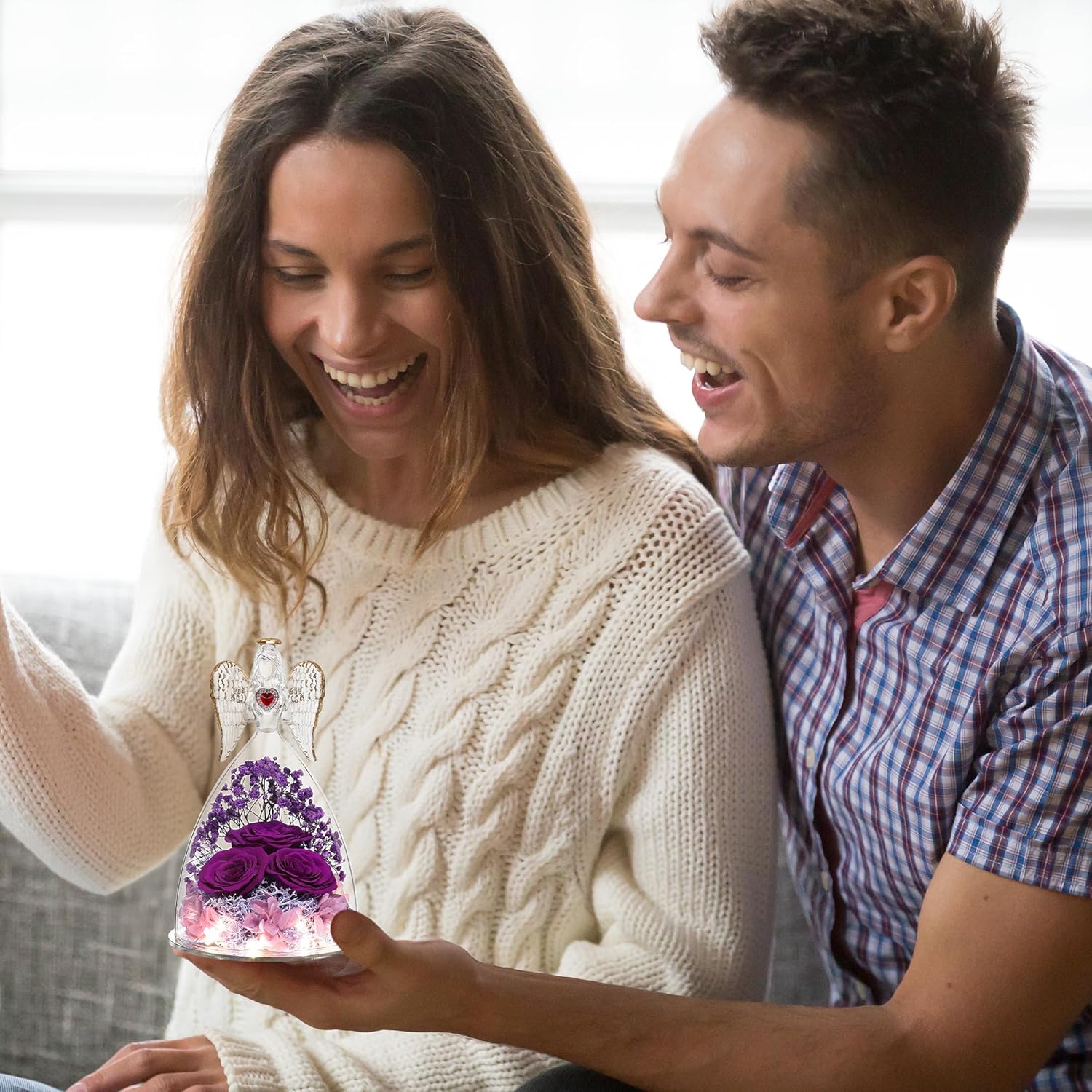 Regalos de cumpleaños para mujeres, abuela, mamá, novia, flor preservada, tres rosas reales en figuras de ángel de cristal, regalos de ángeles para