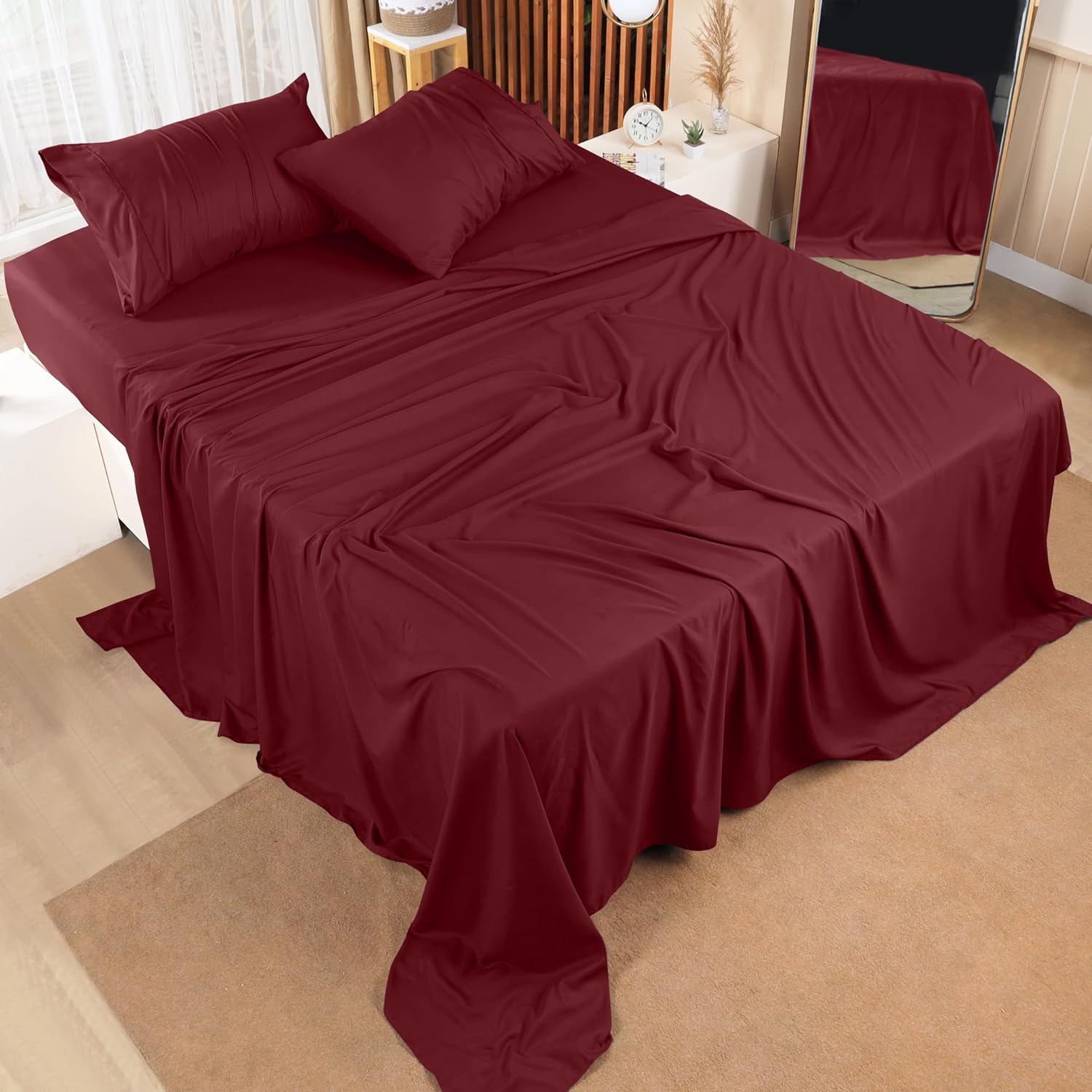 Utopia Bedding Juego de sábanas de 4 piezas, microfibra cepillada, resistente al encogimiento y a la decoloración, fácil cuidado (matrimonial, rojo