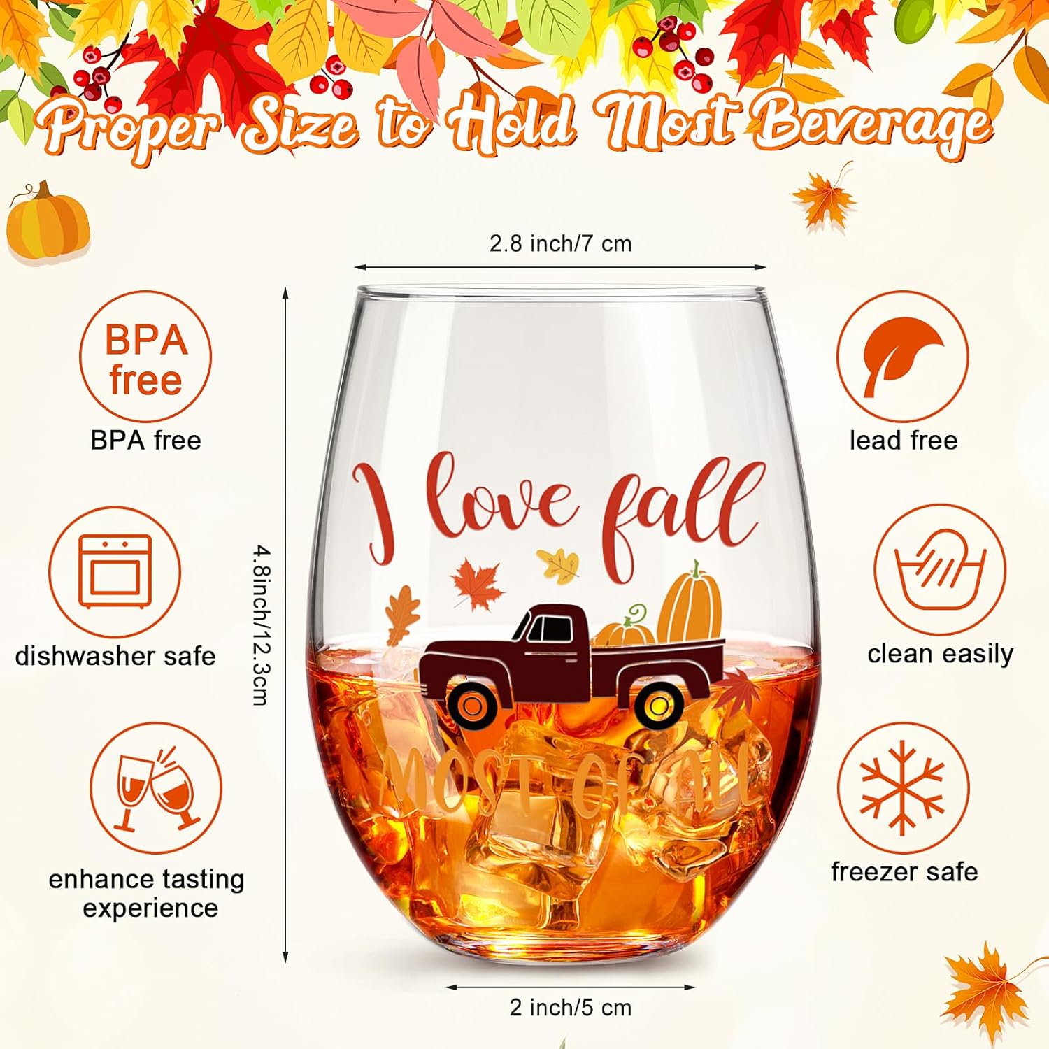 4 copas de vino sin tallo de otoño para mujeres, decoraciones de otoño de Acción de Gracias, tazas de especias de calabaza, cosecha de calabaza,