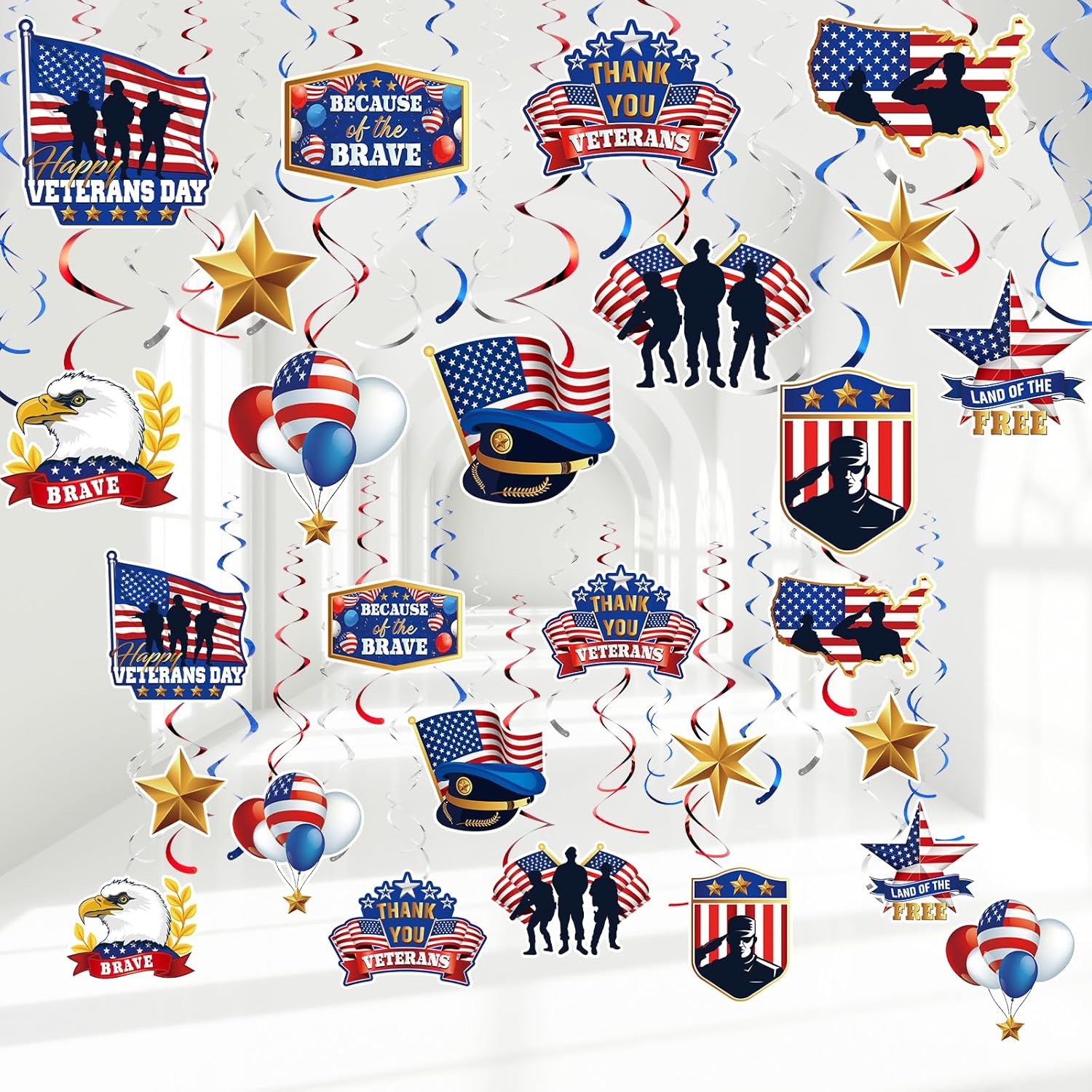 Fulmoon 54 piezas de decoraciones para el Día de los Veteranos de agradecimiento con remolinos colgantes, bandera patriótica, soldado, corrientes de