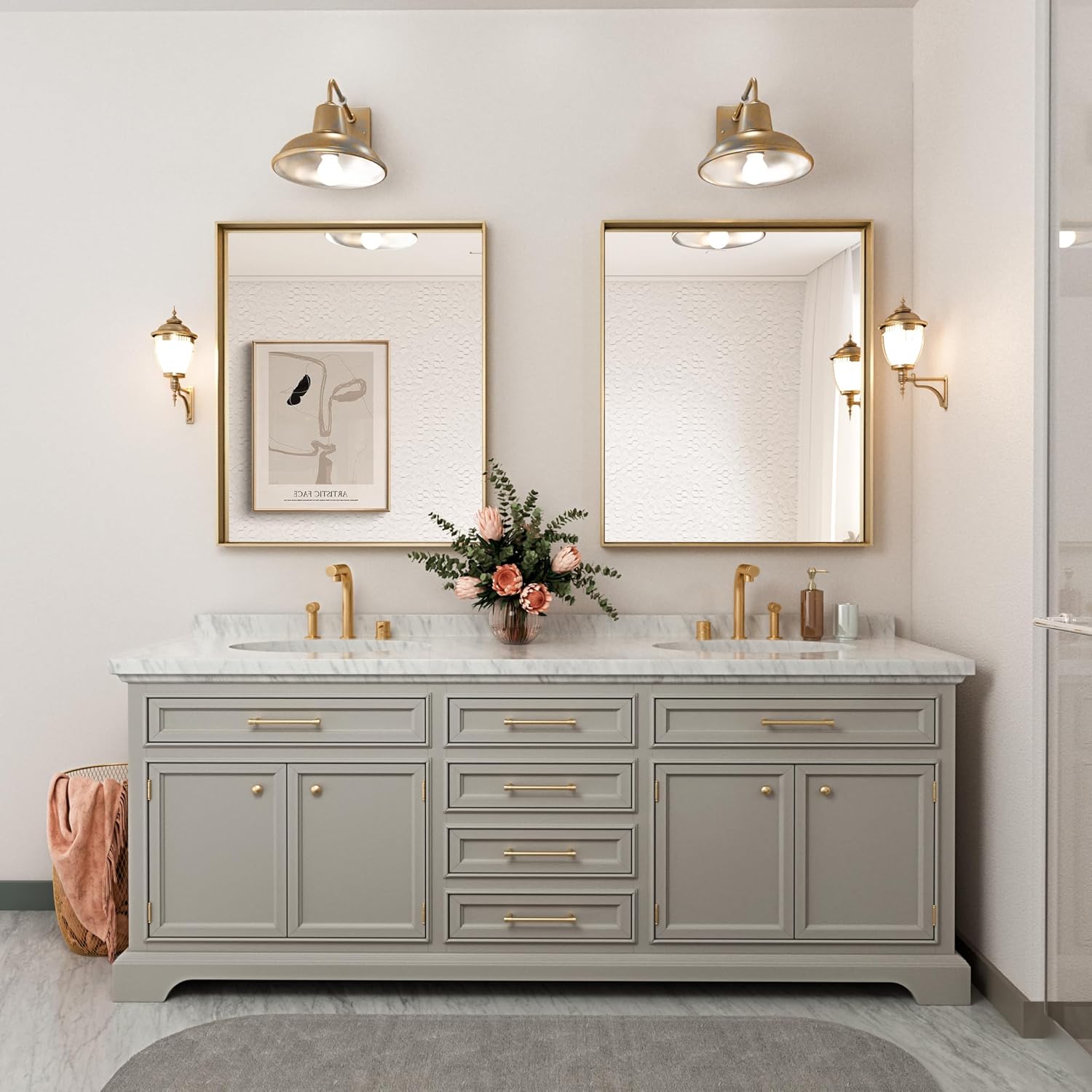 TETOTE Espejo con marco dorado para pared de baño, 30 x 36 pulgadas, rectangular, latón cepillado, marco de metal dorado, espejo de tocador moderno,