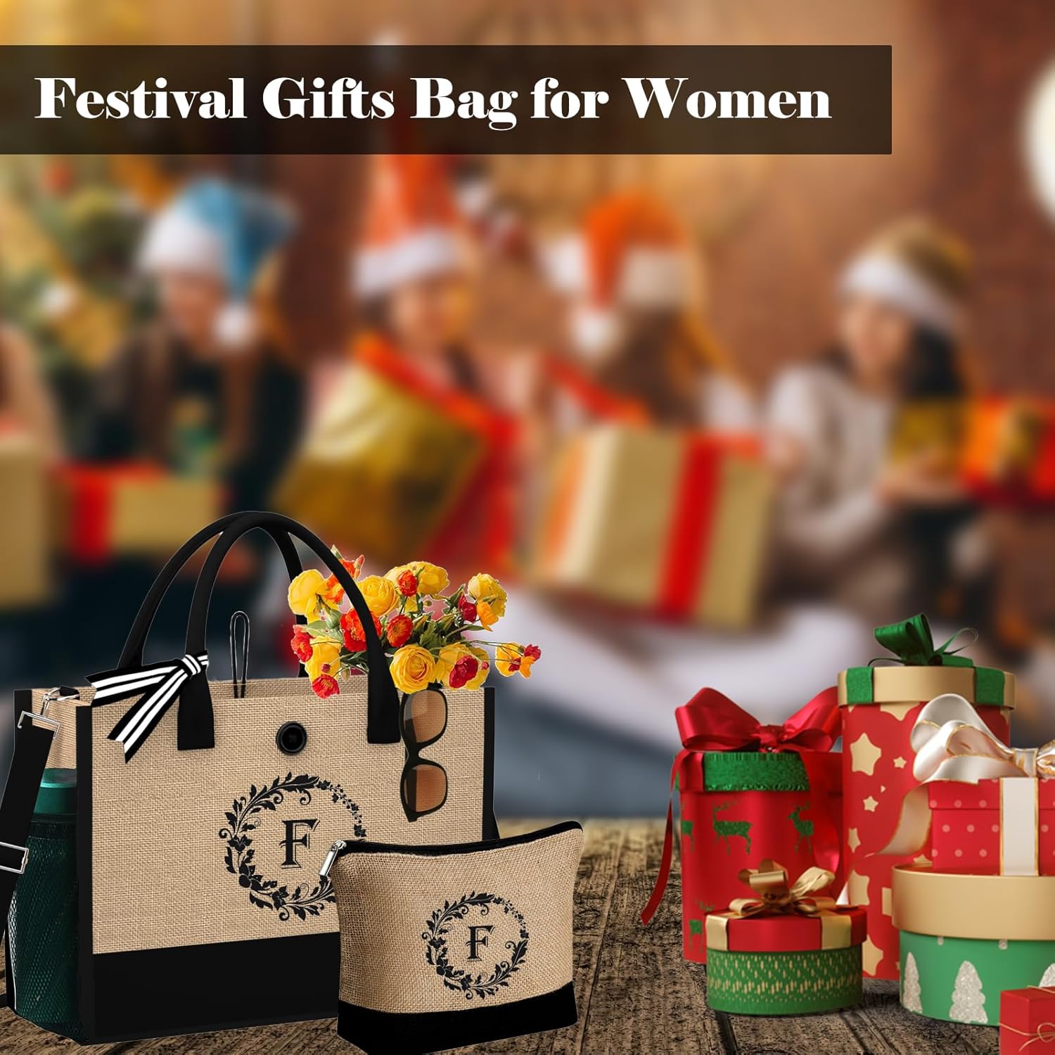 Regalos de cumpleaños para mujer  Bolsas de mano con inicial de yute y maquillaje con correa ajustable, bolsas de mano con monograma bordado