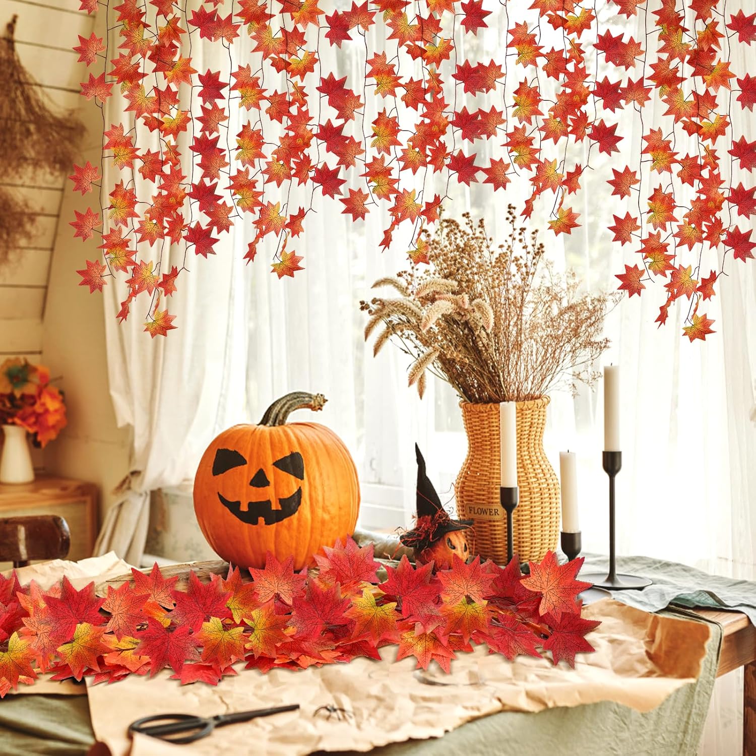 Anftraer – Paquete de 12 guirnaldas de hojas de otoño, guirnalda de vides de otoño artificiales, guirnalda de hojas de arce de otoño, decoración de