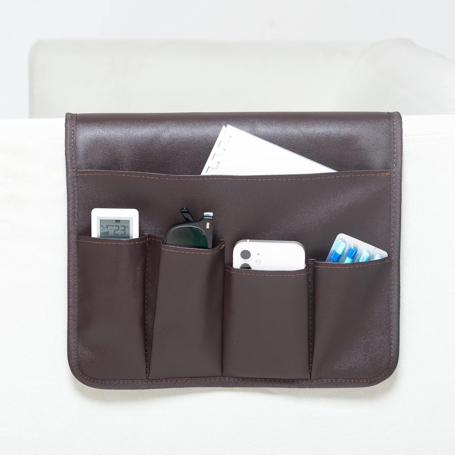 PU Leather Sofa Armrest Organizer, Armchair Magazine Holders, Waterproof Remote Holder for Recliner Couch with 1 Large Pocket, 4 Small Pockets for