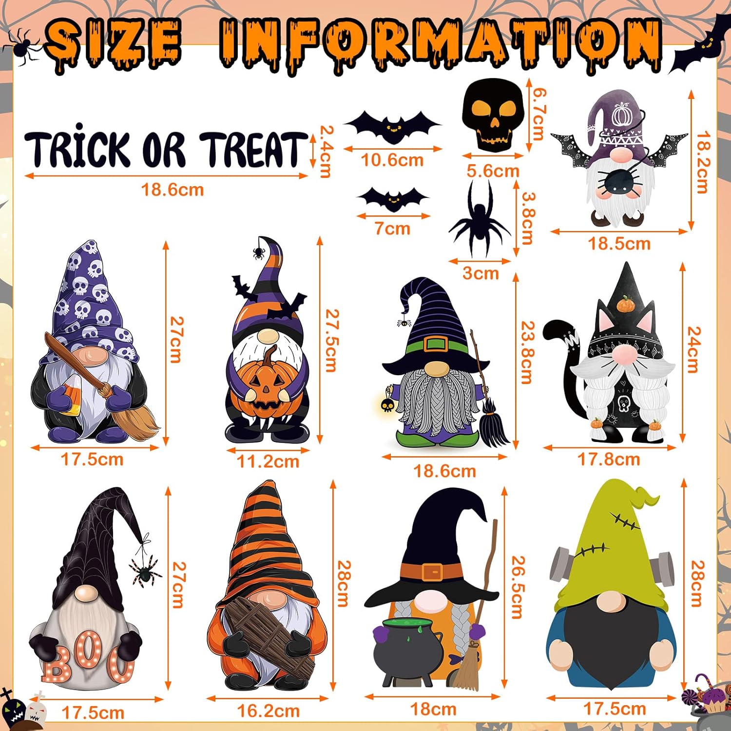 9 hojas de calcomanías de pared de gnomo de Halloween, calcomanías de pared de gnomo, para ventana, murciélago, elfo, enano, sin rostro, para